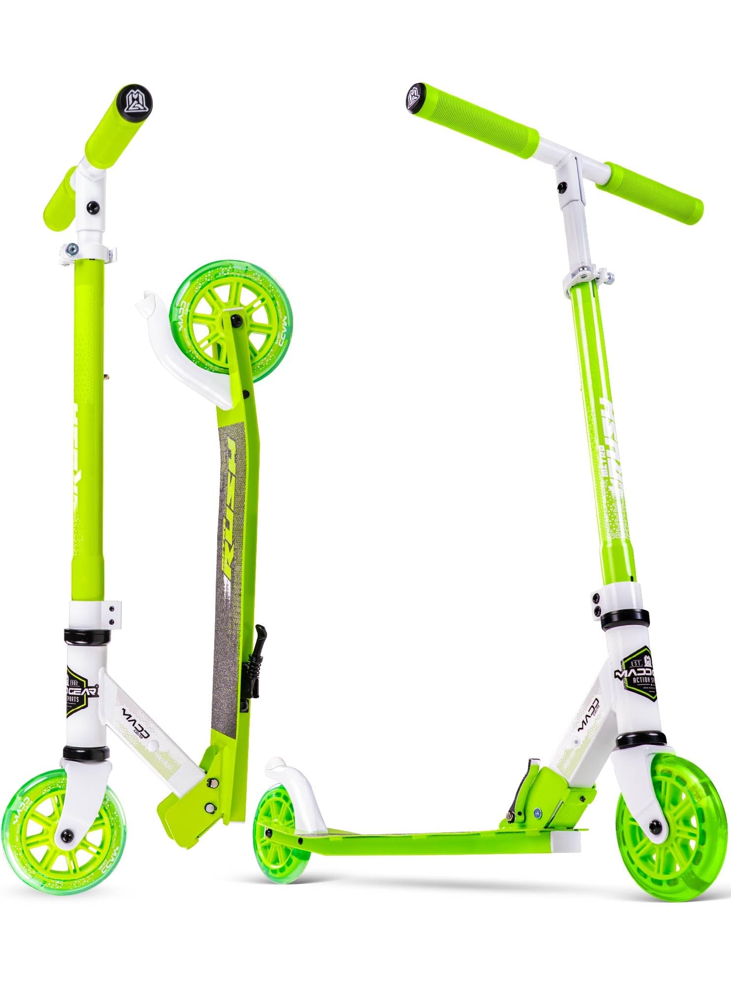 Kick Scooter for Ages 5+ - Kids, Teens & Adults. Max Load 220lbs. Foldable, Light-Up Wheels, Adjustable Height, Lightweight - Rush 125 Madd Gear