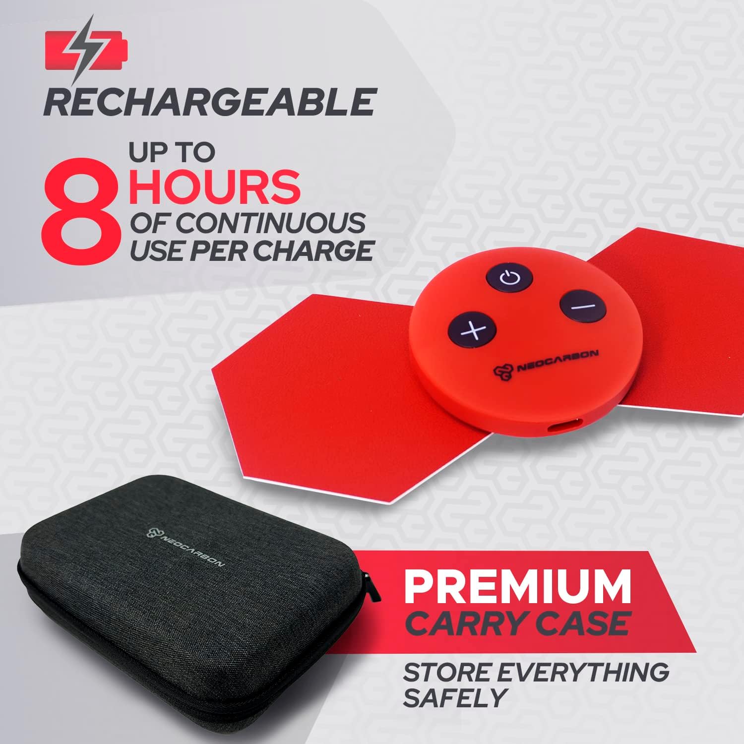 NeoCarbon TENS unit connected to charging cable with carry case