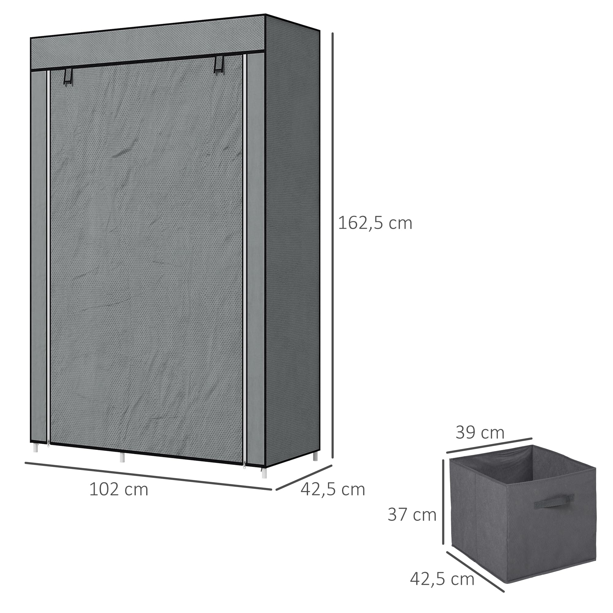 HOMCOM Kleiderschrank Stoffschrank mit Schubladen, Kleiderstange und Reißverschluss, Stoffkleiderschrank Faltschrank für Schlafzimmer, Ankleidezimmer, 102 x 42,5 x 162,5 cm, Dunkelgrau