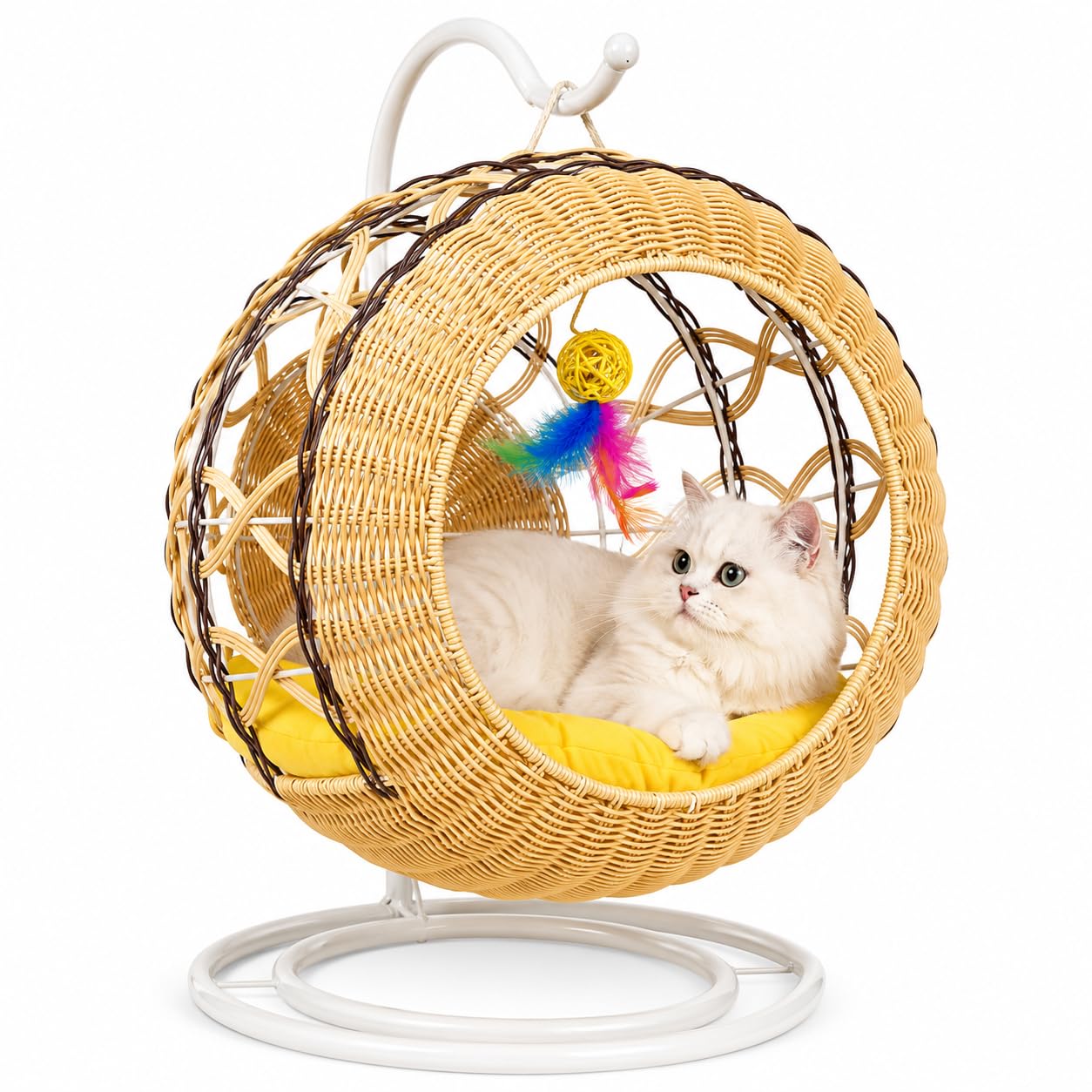 PetVogue Hanging Cat Bed with Metal Stand, Wicker Rattan Cat Hammock Chair, Elevated Indoor Cat Couch Bed with Soft Cushion & Hanging Toy, Cozy Pet Lounger Nest for Cats, Kittens & Small Pets-image-31