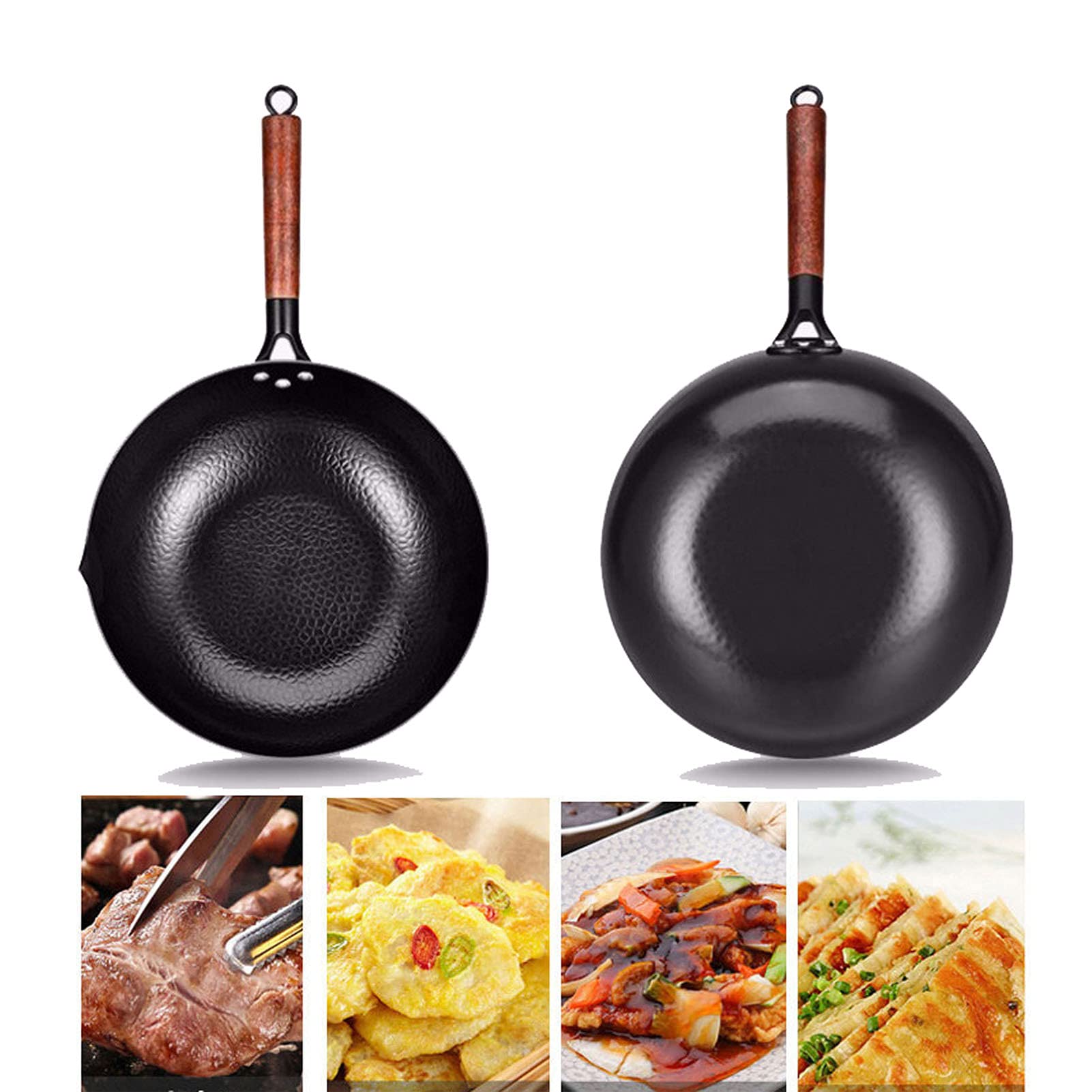 Wok tradizionale in acciaio al carbonio martellato a mano 12,6 pollici / 32 cm con manico in legno rimovibile e coperchio in legno