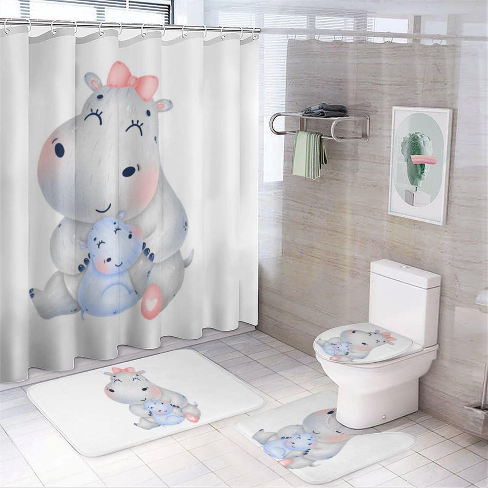 Wlntrophic Bathroom Mat Set 4 Piece, Hippopotamus Shower Curtain with Non-Slip Bath Mats for Bathroom