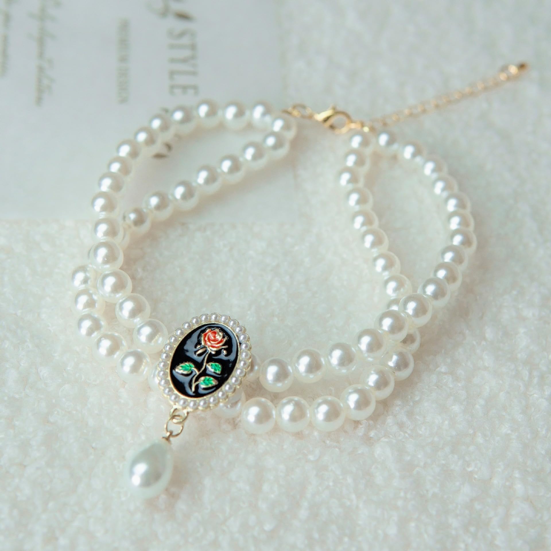 Pet Beautiful Necklace, Teddy Adjustable Collar,Pet Double Row Pearl Collar for Cat and small Dog for party,birthday (Black rose, S(20-25cm/7.8''-9.8''))