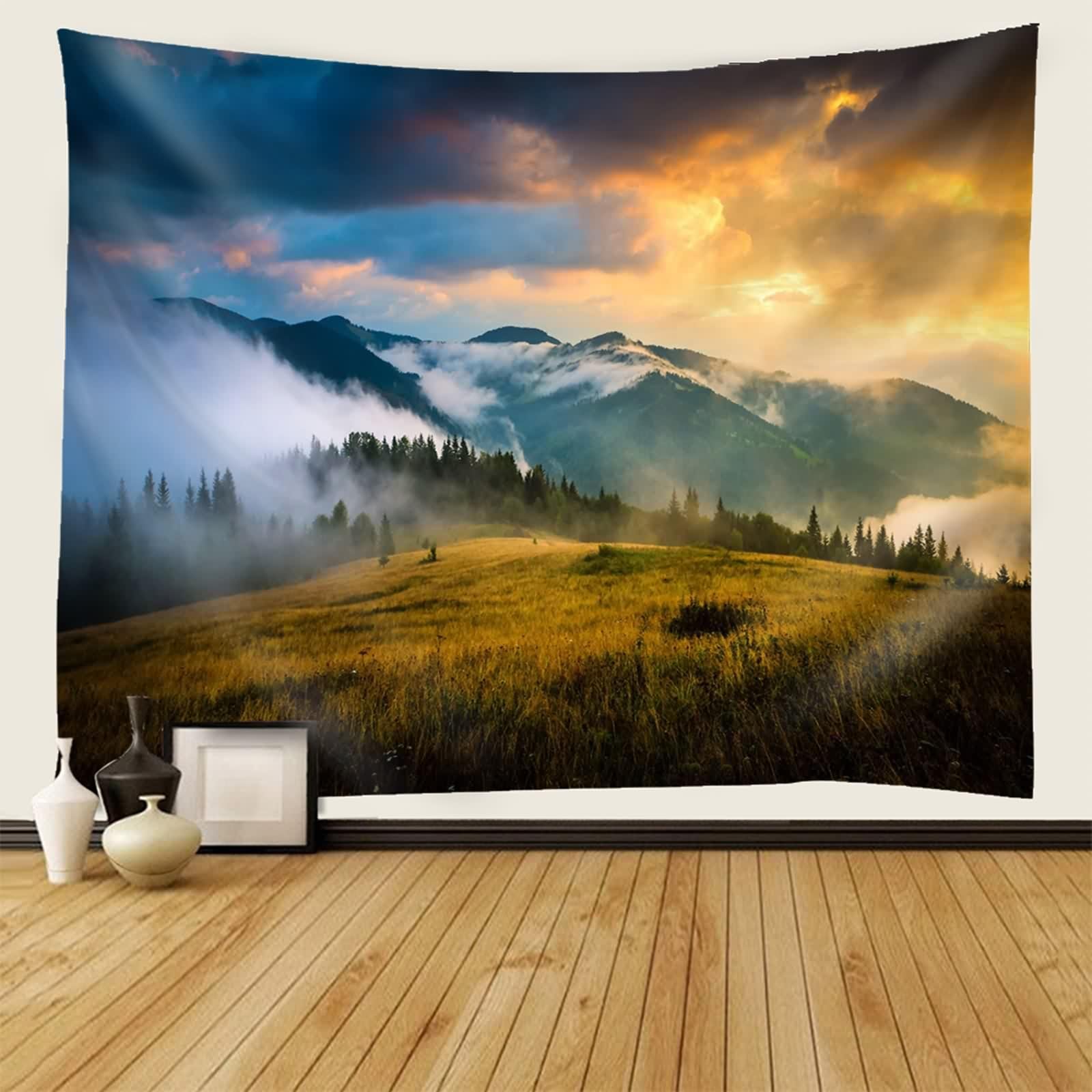 Tolldek Dywan ścienny, pomarańczowy, niebieski, zielony, 300 x 256 cm, naturalny krajobraz, gobelin, góra, słońce, gobelin, makata, chusta na ścianę, z dekoracjami natury, 300 x 256 cm