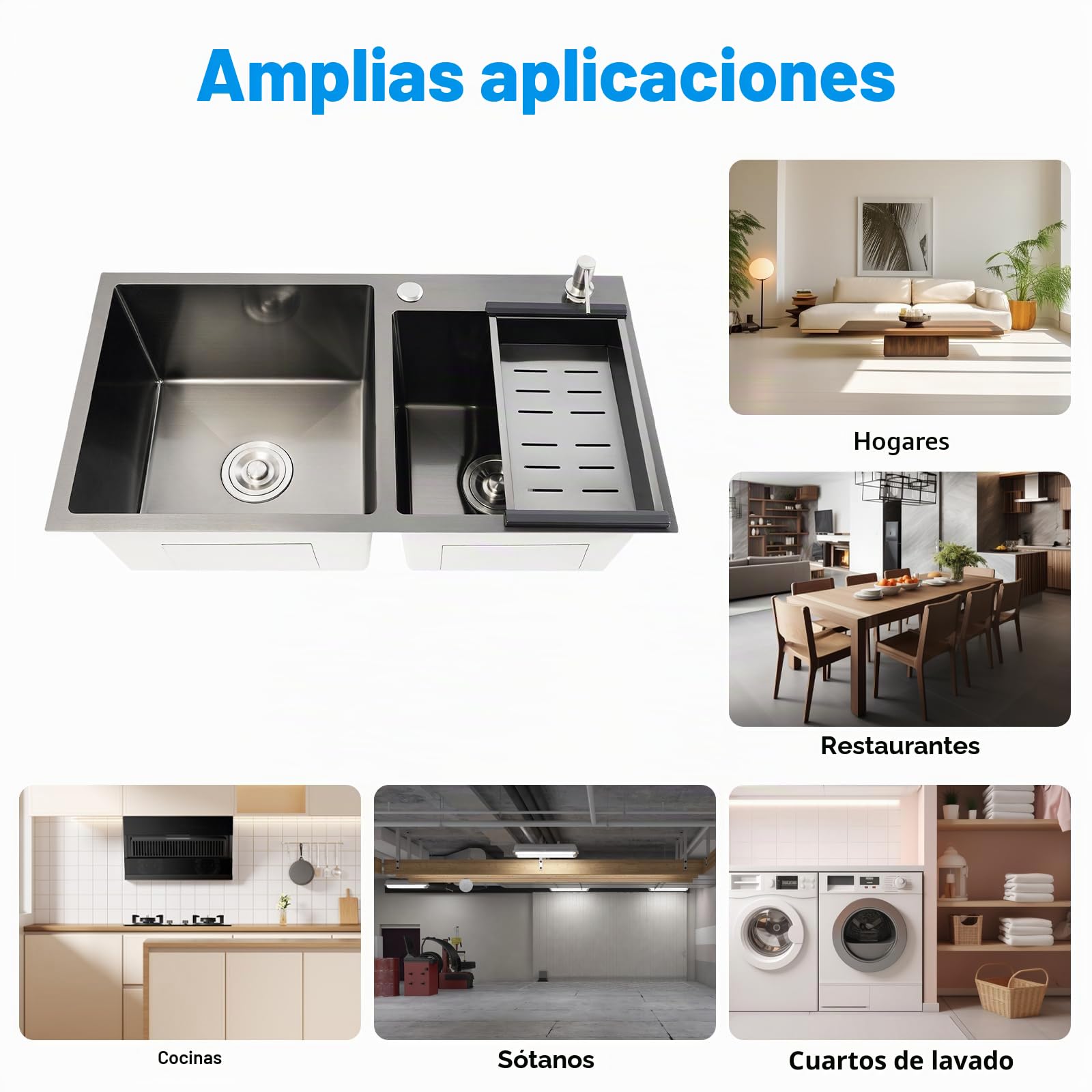 Fregadero doble para cocina, 78 x 43 cm, acero inoxidable, con tubo de desagüe y rebosadero, dispensador de jabón, de tubos en S, color negro