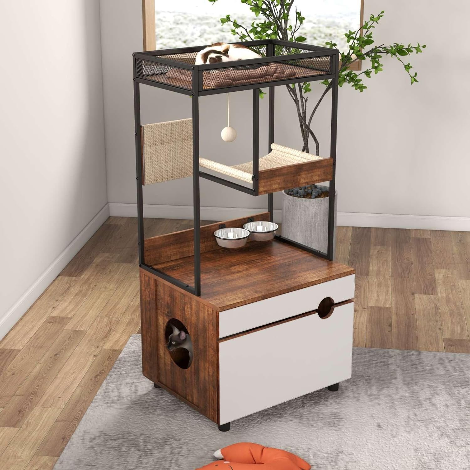 48" Tall Hidden Cat Litter Box Enclosure with Cat Tree Tower, Scratching Pads, and Ample Storage Space, Industrial Cat Cabinet with Shelves and Doors