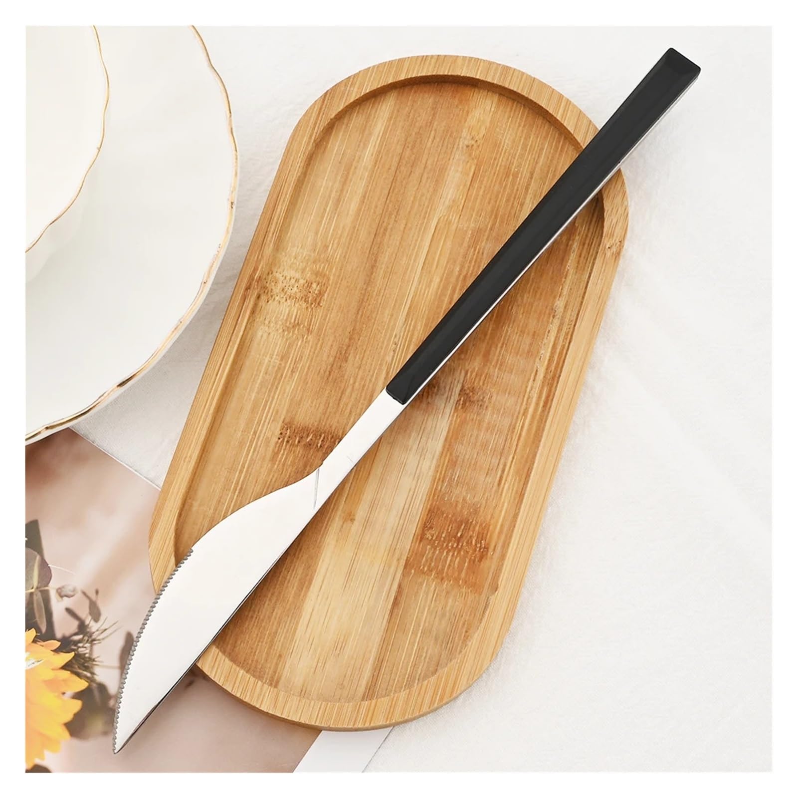 Juego de cubiertos de acero inoxidable, 24 piezas con mango de madera de imitación creativo, vajilla duradera y elegante