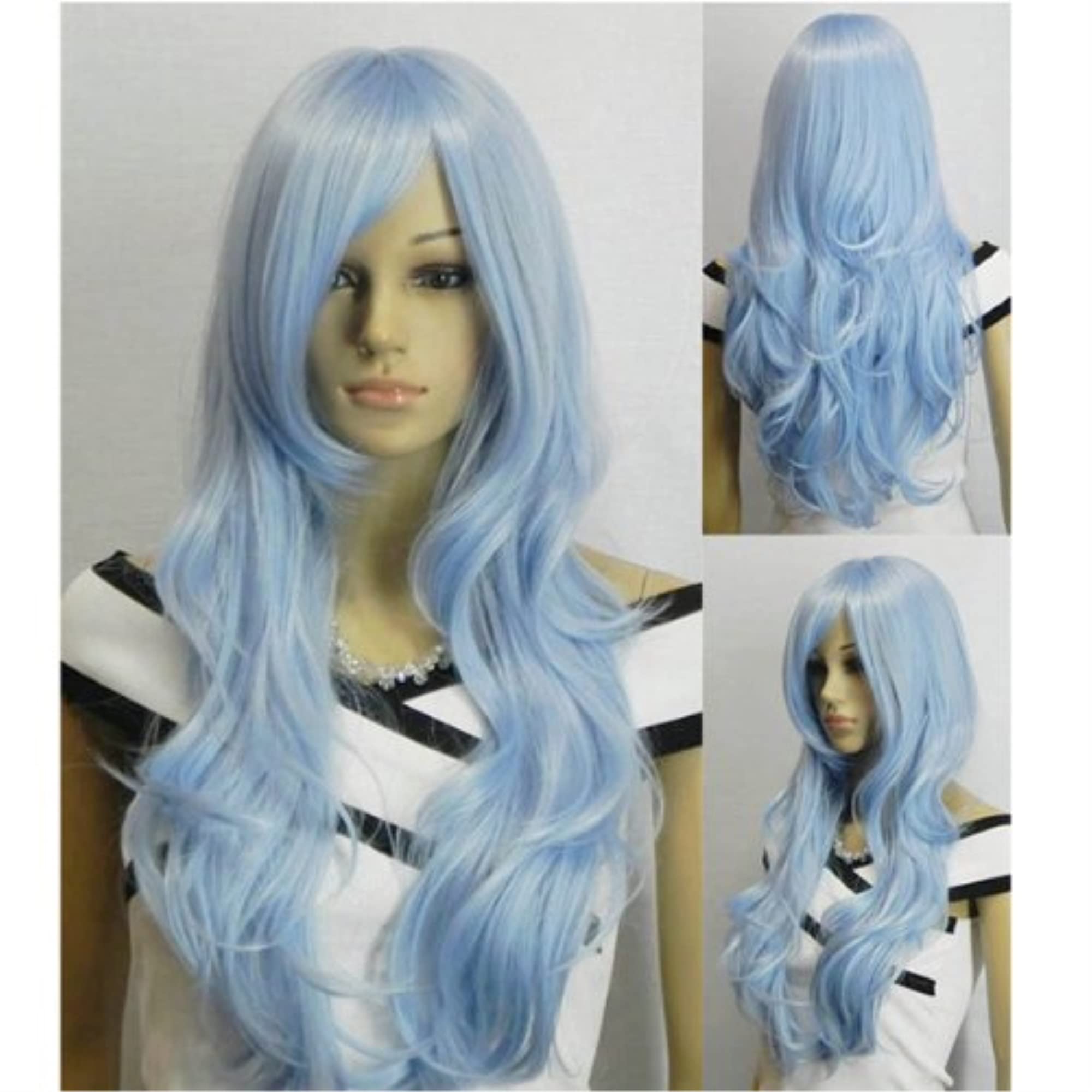 Women Sky blue Heat Resitant Wavy Curly Cosplay Halloween Bob Party Wig Amazon.com : WTHCOS Light Blue Wigs for Women Girls Short  main image 3