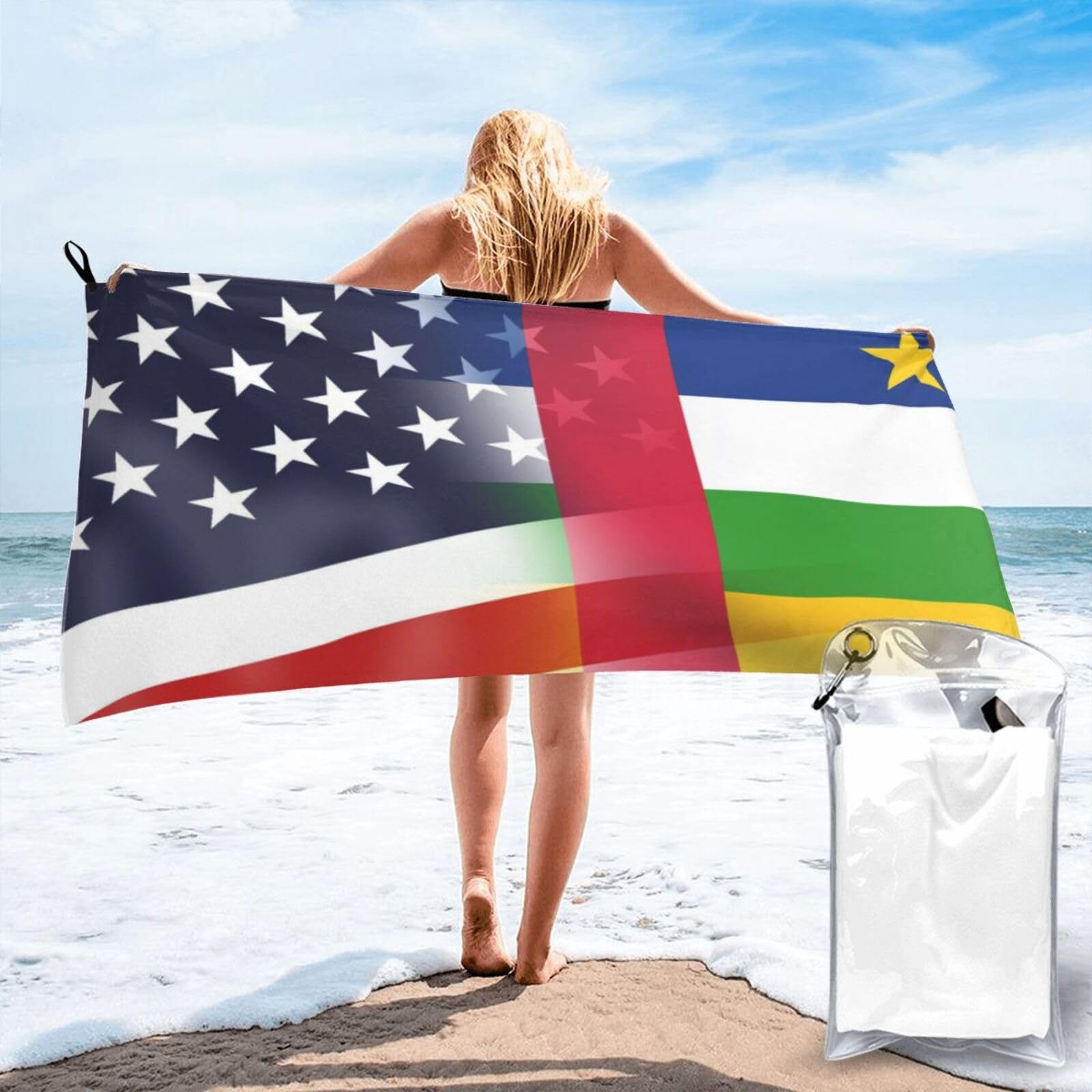 HACXZ Funny America Flag and Central African Republic Flag Absorbent Beach Towel Microfiber Beach Shower Towel 31.5"X63"