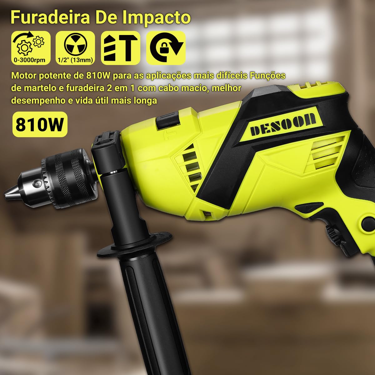 DESOON Furadeira de Impacto Profissional 500W 13mm - 2900 RPM com