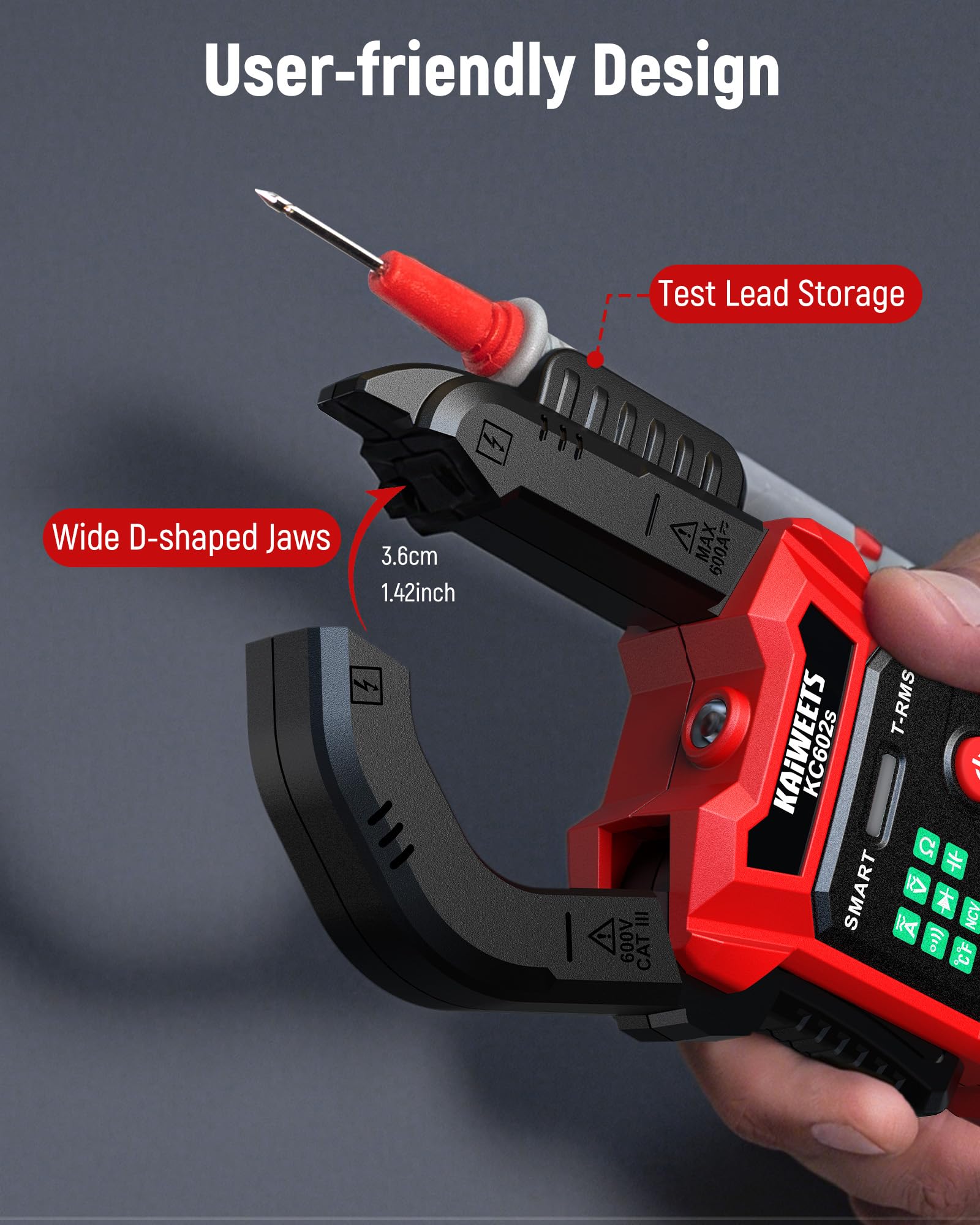 KAIWEETS Zangenmessgerät AC/DC Zangenmultimeter mit Auto-Modus, True RMS, NCV-Erkennung, Einschaltstrom, Frequenz, 6000 Counts Digitalmultimeter KC602s