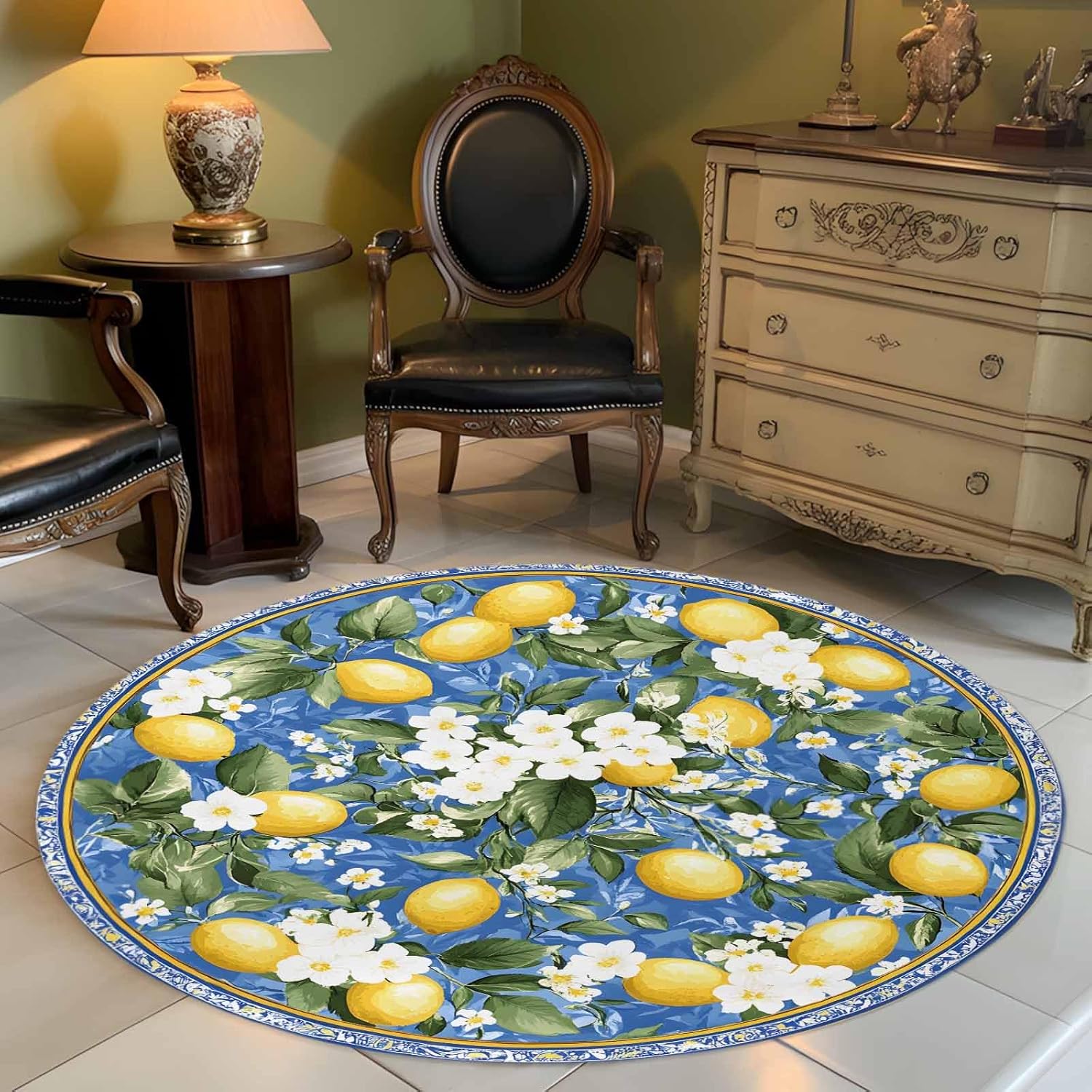 Area Rug Round 4ft Washable Low Pile Indoor Floor Mat with Non Slip Backing, Modern Summer Vintage Bohemian Lemon Carpet for Bedroom, Living Room, Entryway