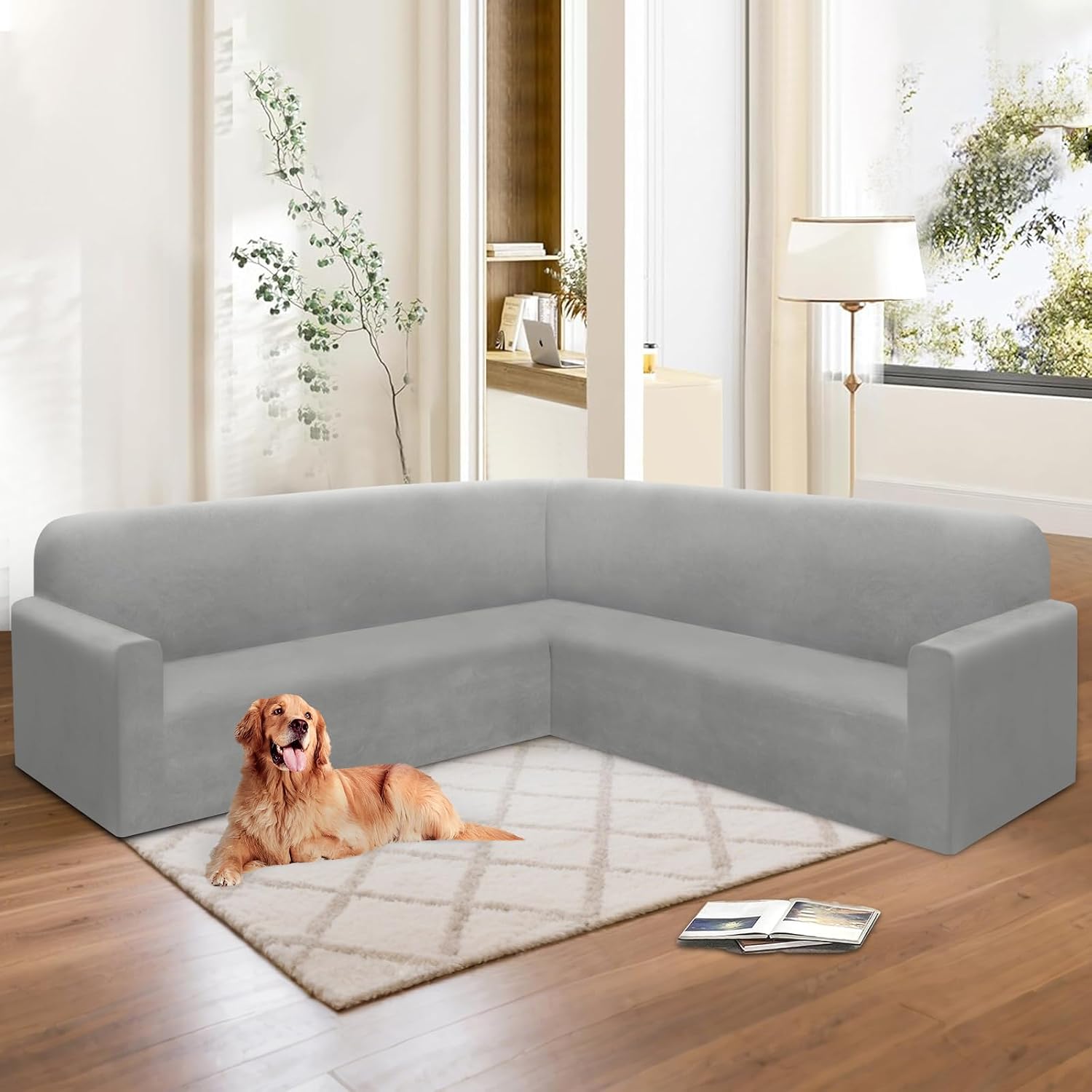 HDCAXKJ Corner Sectional Couch Covers Velvet Stretch L Shape Sofa Cover Soft Thick Sectional Slipcovers U Shaped Living Room Non Slip Magic Furniture Protector for Pet Dogs (Light Gray, X-Large)