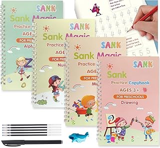 4 Pack Magic Practice Copybook, Reusable Groove Calligraphy for Children, Magic Handwriting Calligraphy Copy Books for Kids, Preschool Tracing Book with Magic Pens (Multicolor Version C)