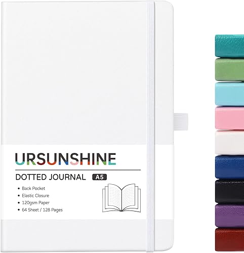 Cuaderno punteado, diario, 5.3 x 8.26 pulgadas, tapa dura, prémium, papel grueso, doble espiral, bandas, cuero negro sintético, lazo para bolígrafo,