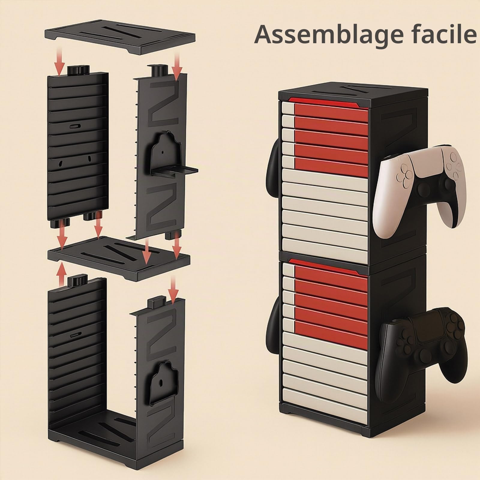 Tour de rangement de jeux pour PS5, PS4, Xbox Series X/S, Xbox One, Switch et disques Blu-Ray – Support de rangement pour 24 disques avec crochets pour manette et casque, vertical à double