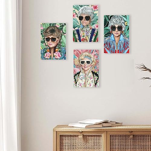 Miniatura 3 de Arte de pared dorado a la moda de los años 80 para niñas, juego de 4 arte de pared en lienzo con gafas divertidas para mujer, pósteres de niñas para