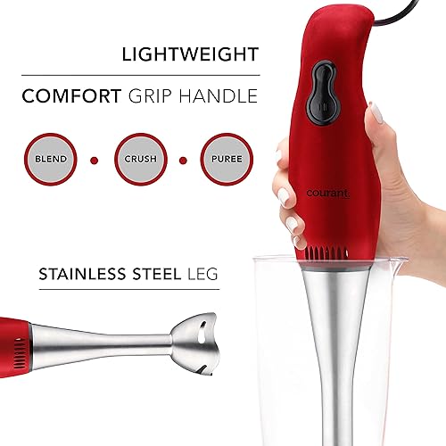 Miniatura 2 de Courant Batidora de mano de 2 velocidades con 200 W, pata de acero inoxidable, fácil de limpiar, mezcla purés, batido, tritura hielo, rojo