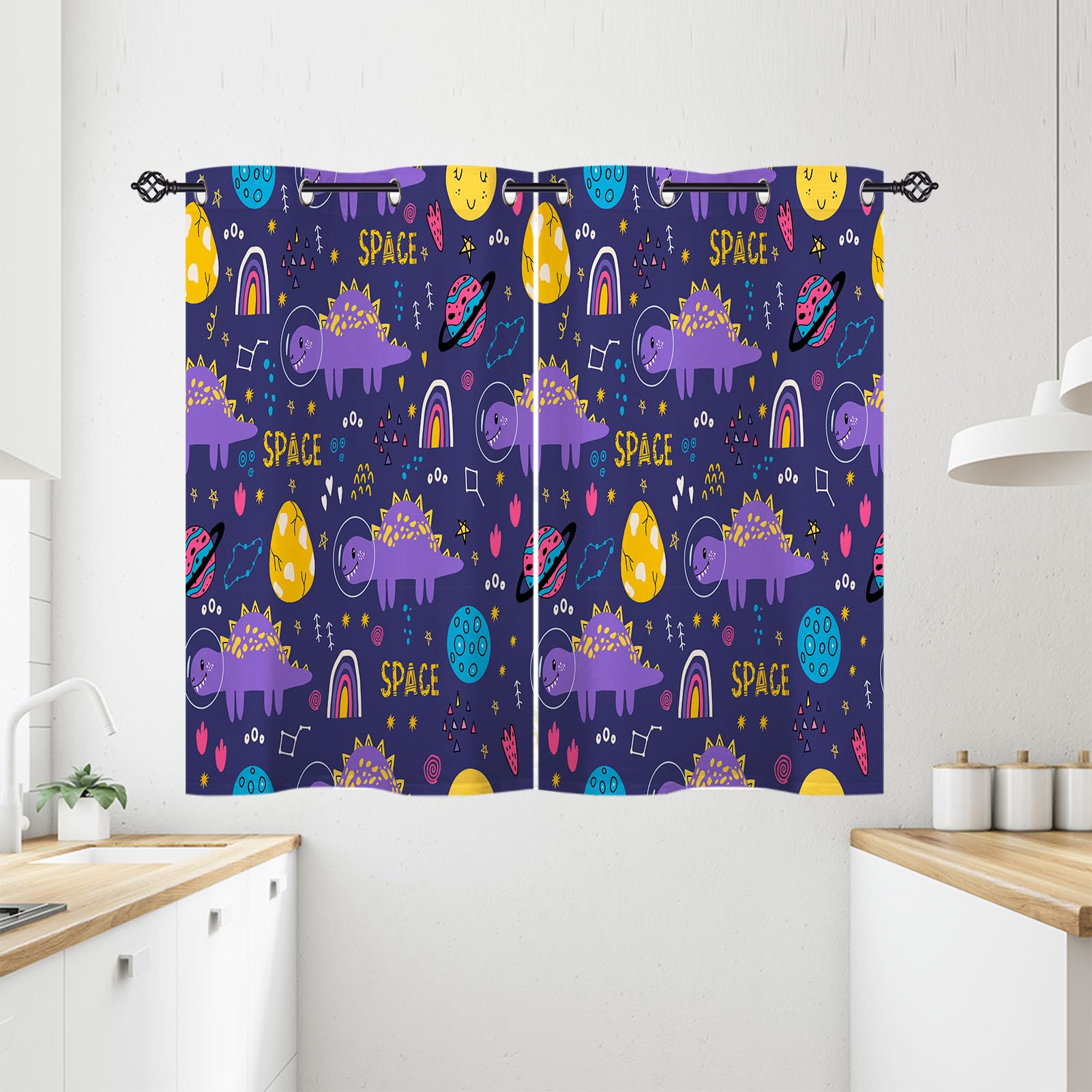ANHOPE Space Curtains Eyelet Ring Top Soft Thermal Insulated Blackout Curtains Dinosaur Moon Planet Stars Print Pattern Decorative Window Drapes for Kids Bedroom Living Room 28 x 54 Drop Inch 2 Panels