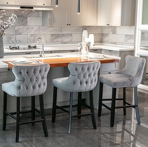 Miniatura 5 de DKLGG Juego de 2 taburetes de bar de altura de mostrador, taburete de bar tapizado de terciopelo con respaldo, taburetes de cocina copetudos para