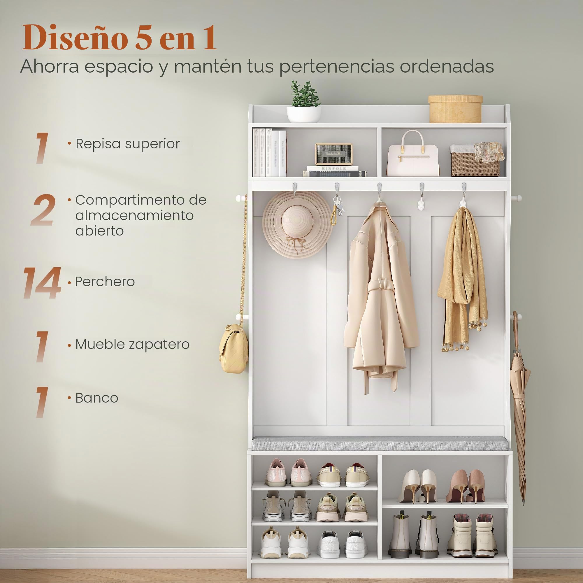 HEXCELEN Perchero Recibidor con Banco Zapatos, 14 Ganchos, Blanco | Perchero con 7 Compartimentos Abiertos, Estantes Ajustables, para Pasillos, Vestíbulos, Salones, 30 x 100 x 183,4 cm