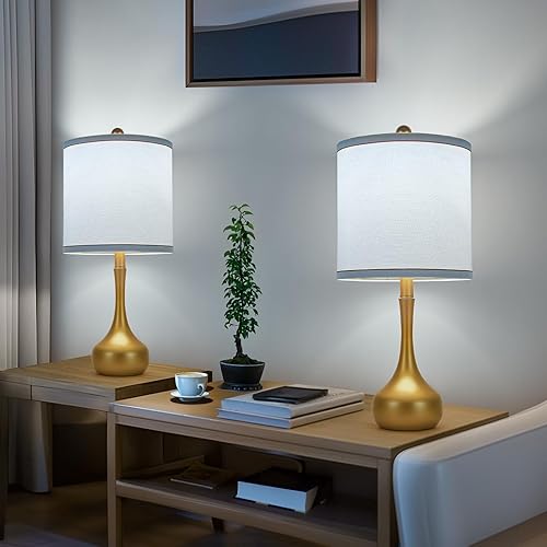 Miniatura 2 de Juego de 2 lámparas de mesa de granja de 23 pulgadas, modernas lámparas de noche de metal dorado para sala de estar, lámparas de mesa rústicas de 3