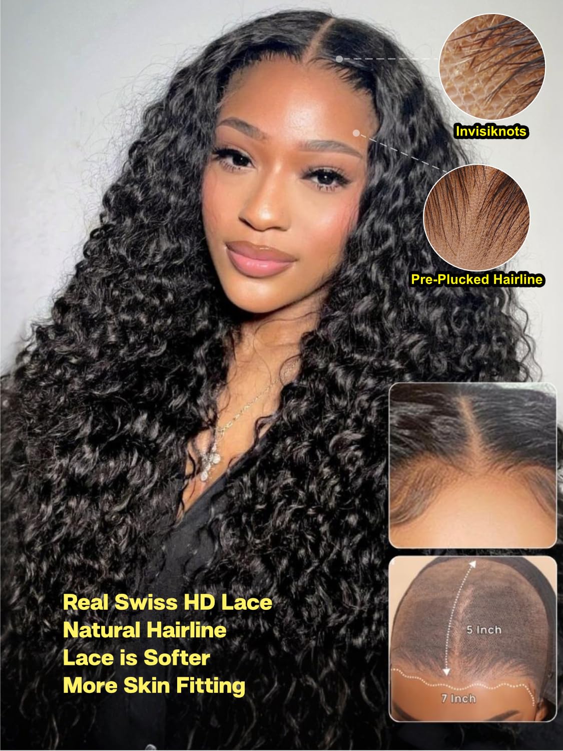 Sunber Water Wave Human Hair Glueless Wigs with 4C Kinky Edge Drawstring Bye Bye Knots Human Hair Wig Pre Cut 7x5 HD Lace Put On Go Pre Plucked Pre Bleached Invisible Knots 20Inch