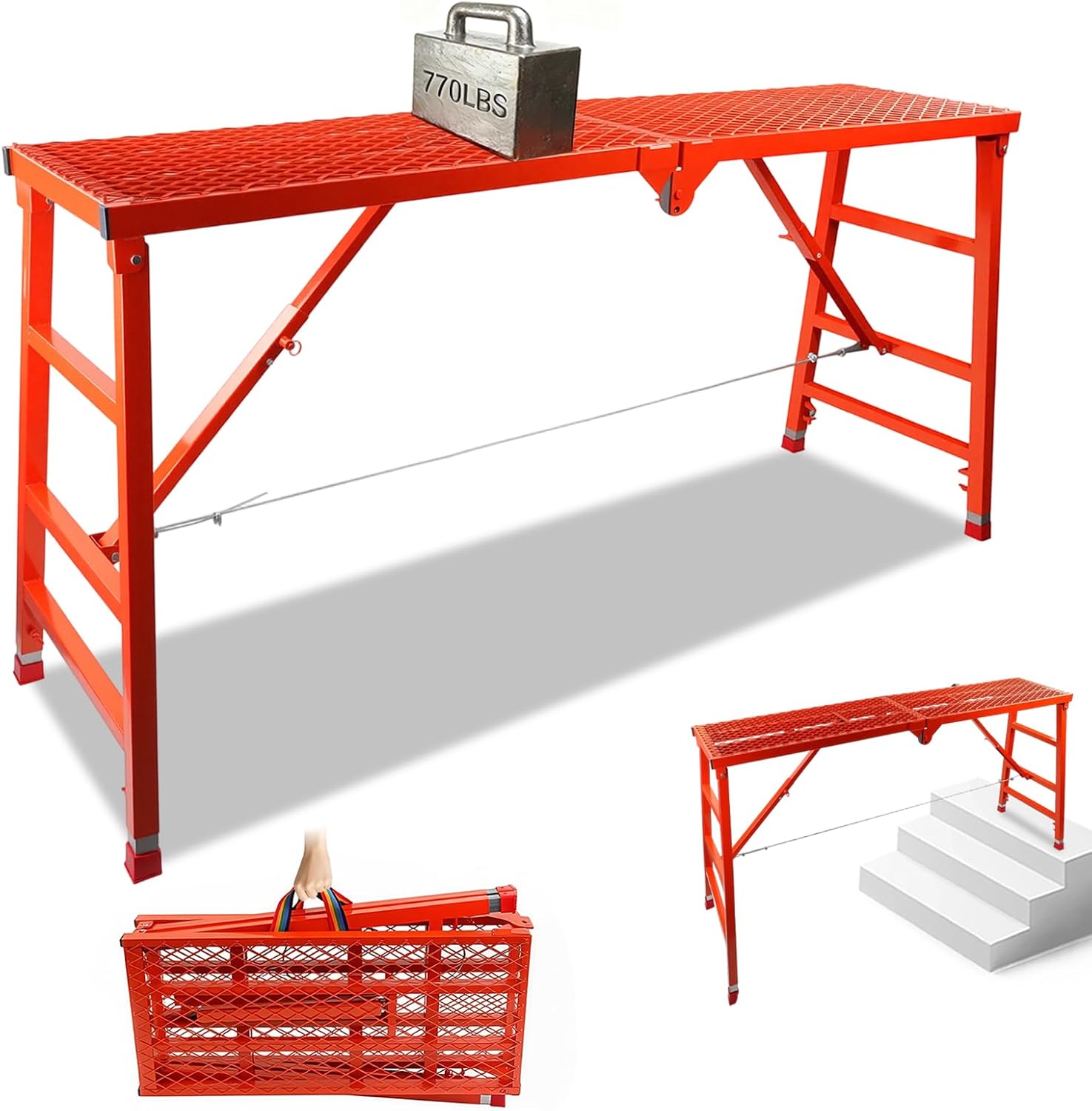 Foldable Scaffolding Platform, 70.8x15.2x36.2-62 Inch Portable Work Platform, 770 Lbs Capacity, Adjustable Height Industrial Step Ladders, Ideal for Painting, Wiring and Home Decor, Red