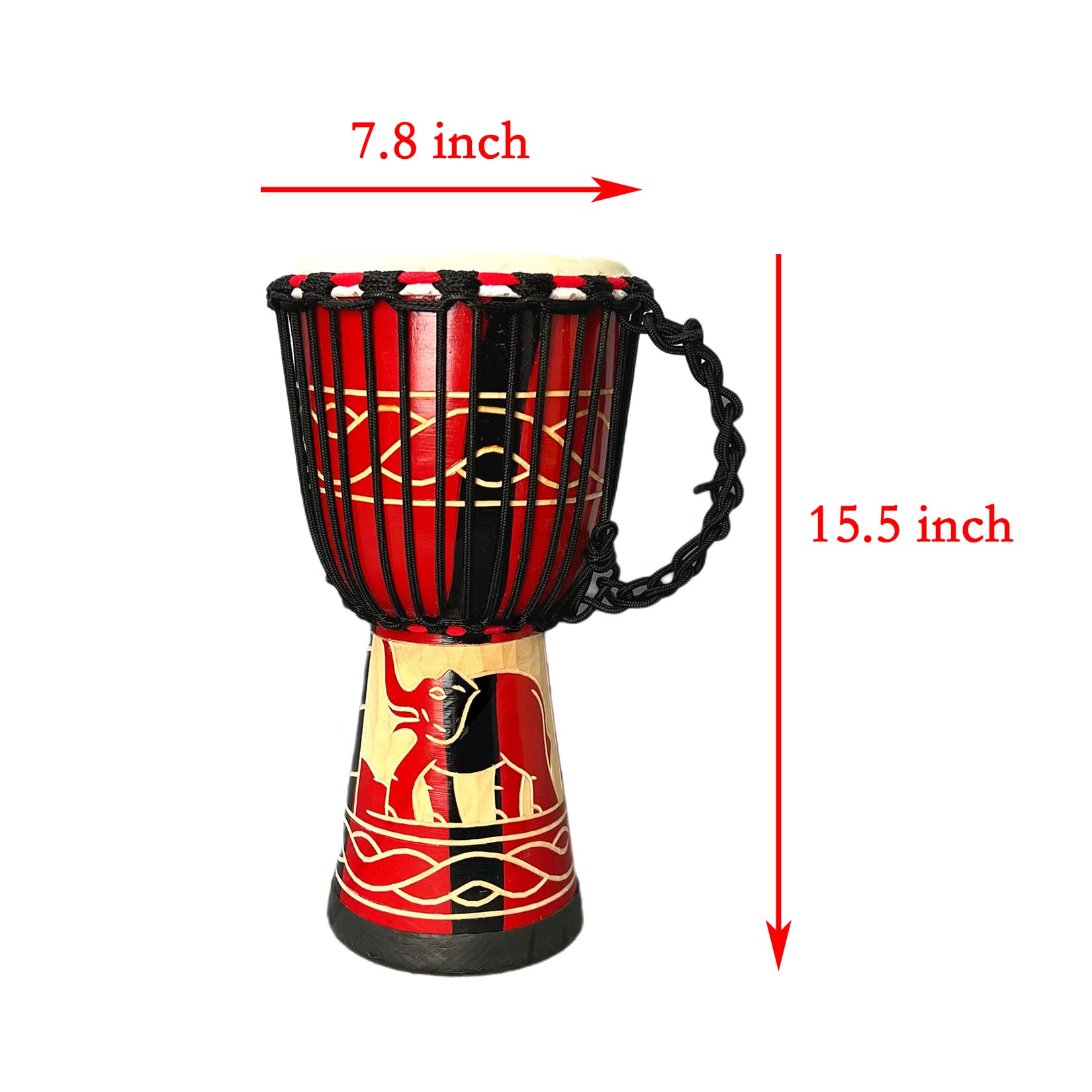 BORIYAM Djembe Drum Professionally Hand Carved, Goatskin Drum Head, From West African Style Tambourine, Bongo, Percussion (Red Elephant)