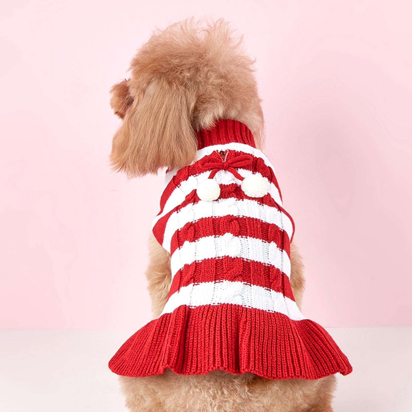 Jecikelon Striped Dog Sweater Dress Knit Turtleneck Puppy Clothes Winter Warm Pet Knitwear Dresses for Small Dogs Cats Pullover Outfits with Pom Pom Ball (Medium, Red)