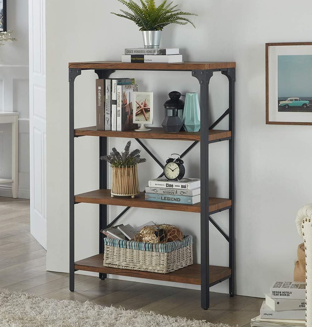 HOMISSUE 4-Shelf Vintage Style Bookshelf, Industrial Open Metal bookcases Furniture, Etagere Bookcase for Living Room & Office, Brown, 48.2-Inch Height