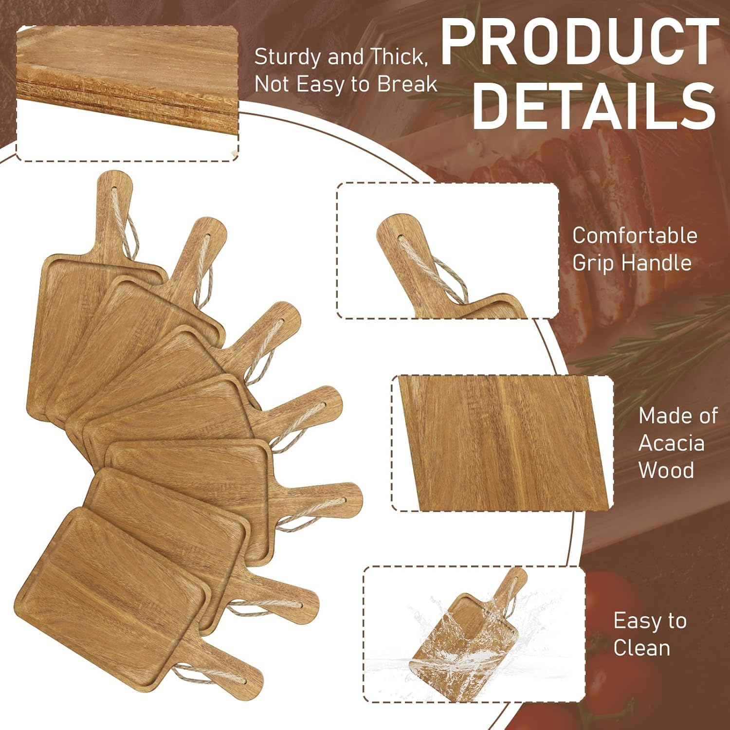 Lot de 16 Planches à Découper en Bois d’Acacia avec Poignée, 20 x 15 x 1,5 cm, Plateau de Charcuterie Décoratif pour Pizza, Fromage et Fruits, Planche de Service pour Cuisine et Décoration de Noël