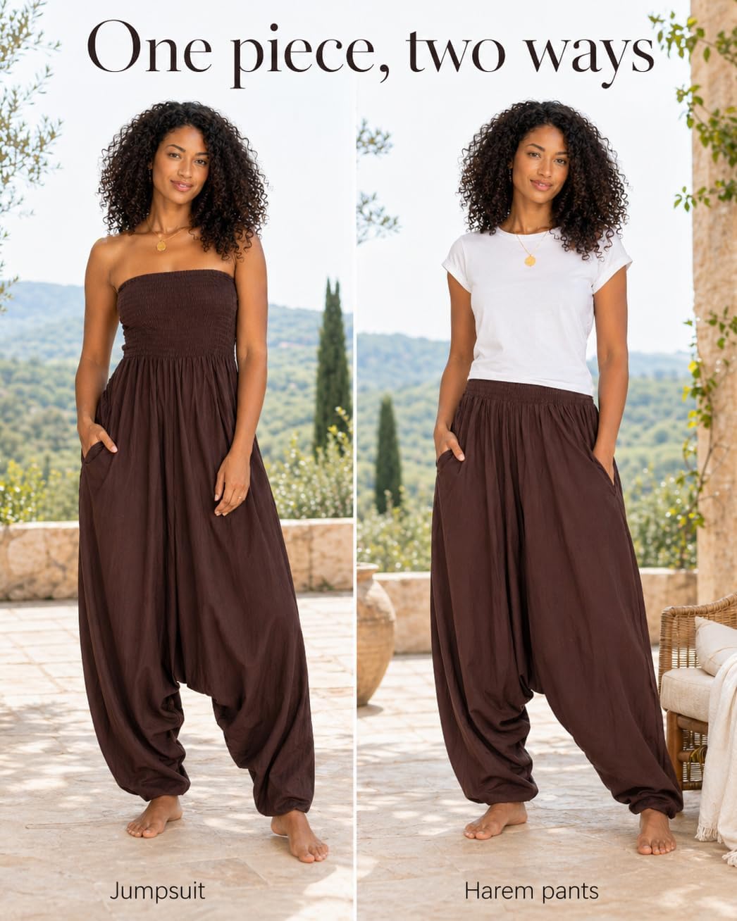 likemary Harem Pants Women Jumpsuit – 2-in-1 Strapless Romper Converts into Comfy Boho Balloon Pants with Pockets – One Size