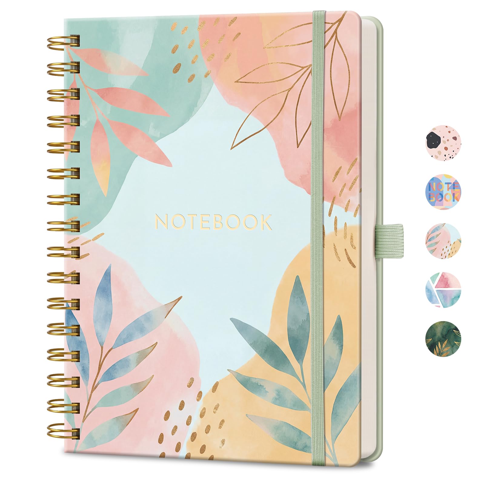 LOAPEM A5 Spiral Notebook, 160 Lined Pages, Pastel Foliage