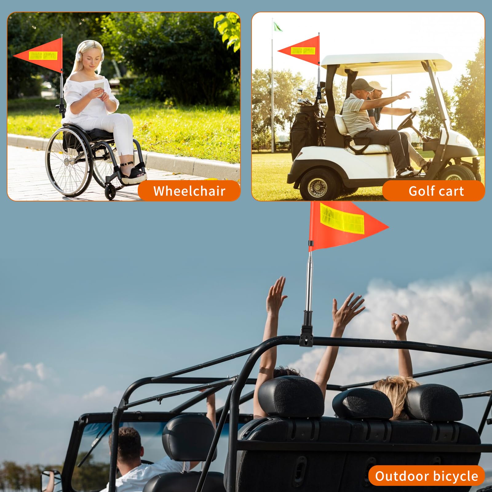 Carrito de golf poste de bandera reflectante accesorios para carrito de golf 22X30cm bandera de seguridad naranja poste telescópico carrito de golf soporte de bandera sillas de ruedas bandera de