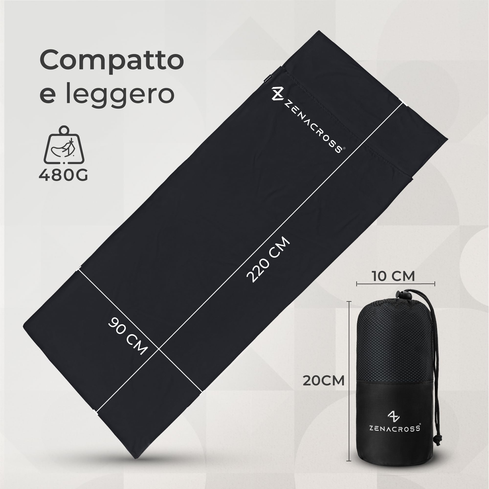 Zenacross - Sacco Lenzuolo da Viaggio - Sacco Letto Singolo Ultraleggero e Compatto - 100% Cotone - Saccoletto con Scomparto per Cuscino - Sacco Lenzuolo Cotone Singolo
