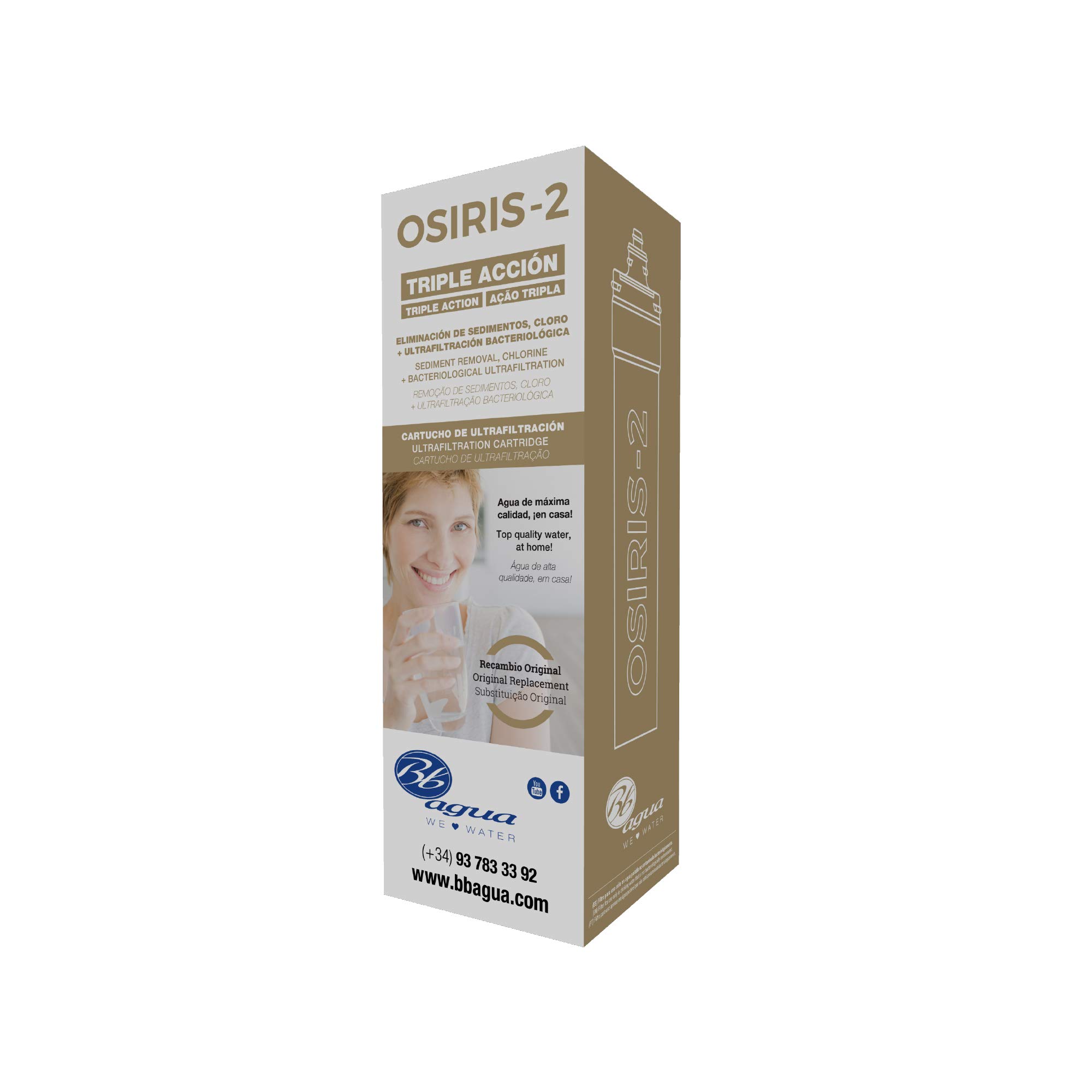 Cartucho recambio filtro de agua Osiris-2. Elimina la sedimentación, reduce el cloro, los sabores y olores. Fácil sustitución. Fácil mantenimiento. Bbagua.