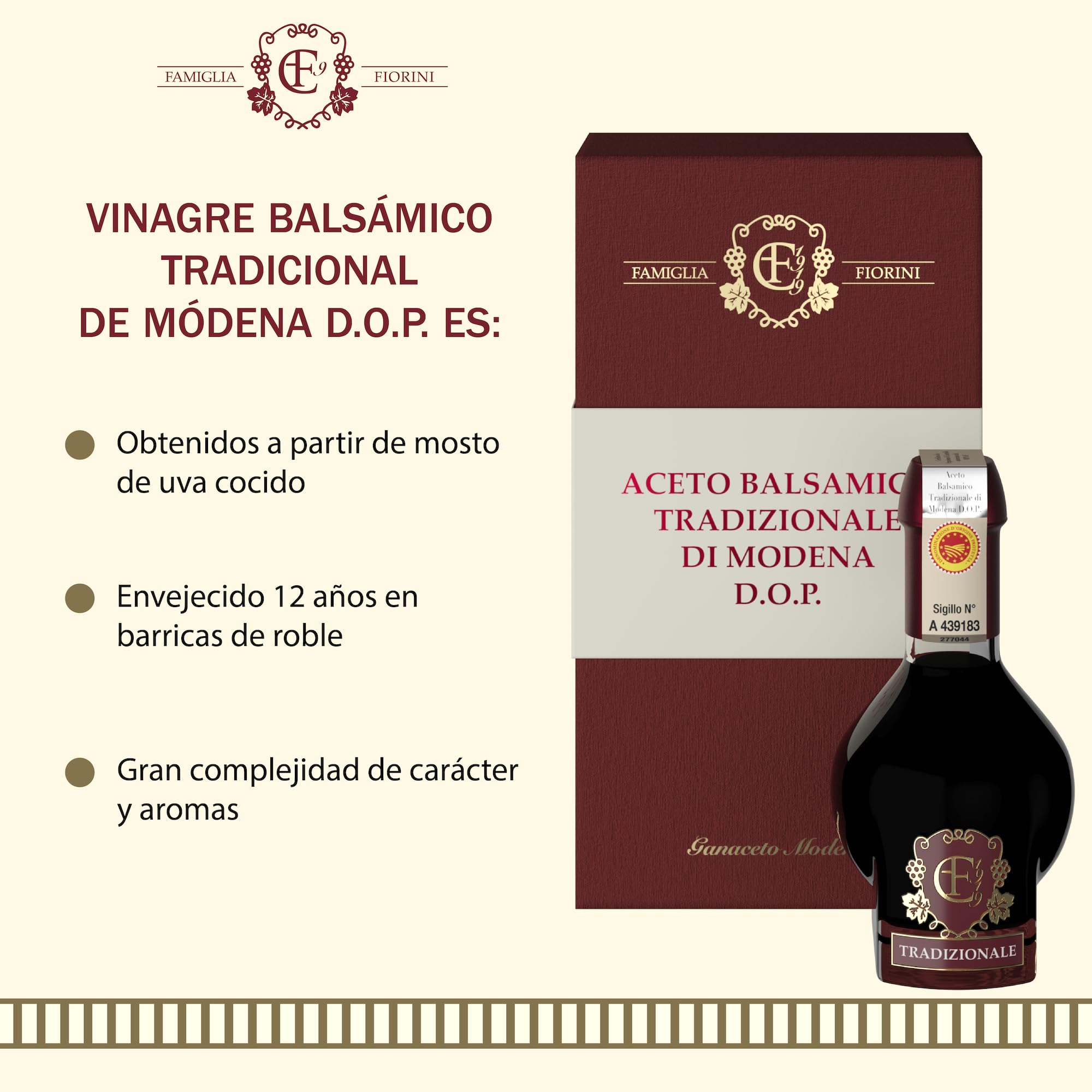Famiglia Fiorini, Vinagre Balsámico Tradicional de Módena D.O.P. Envejecido 12 Años en Barricas de Roble, Elaborado con Uvas 100% Italianas, Ideal para Acompañar Carnes 100 ml.