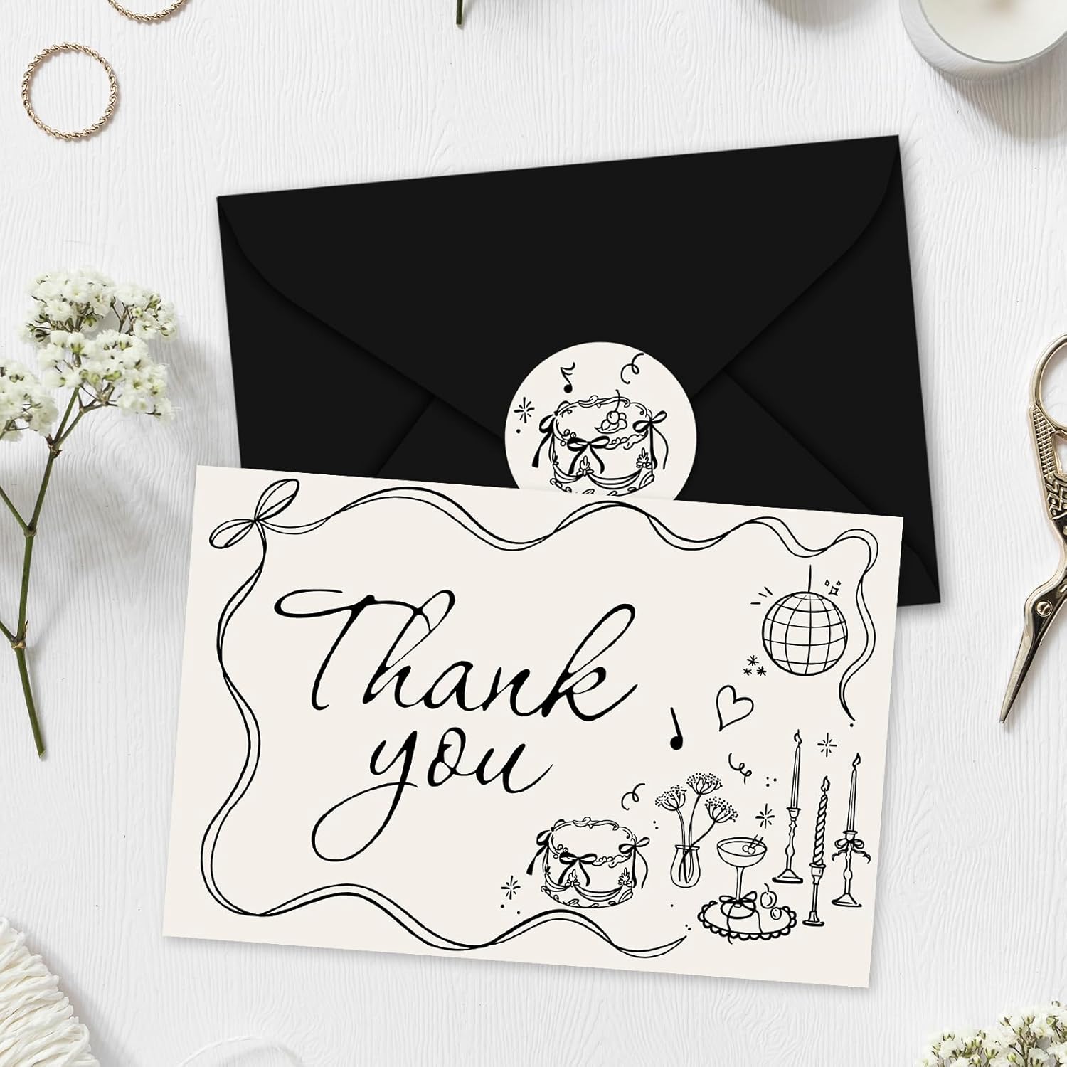 Whaline 24 Pack Wedding Thank You Cards Boxed Black Bow Cake Disco Ball Flower Thank You Greeting Note Cards Boxed with Envelope Sticker for Bridal Shower - Image 4