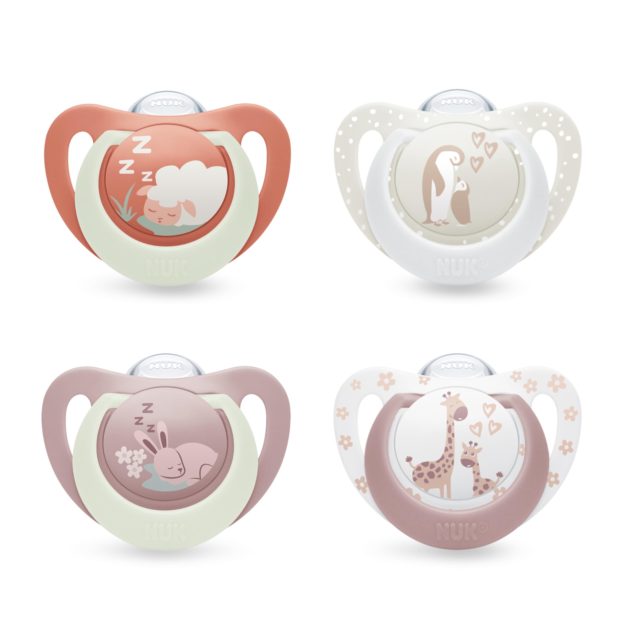 NUK First Choice Day & Night Baby Schnuller | 0-6 Monate | Orthodontische Schnuller, die im Dunkeln leuchten | Beruhigt 99% aller Babys** | Sortiert | 4 Stück
