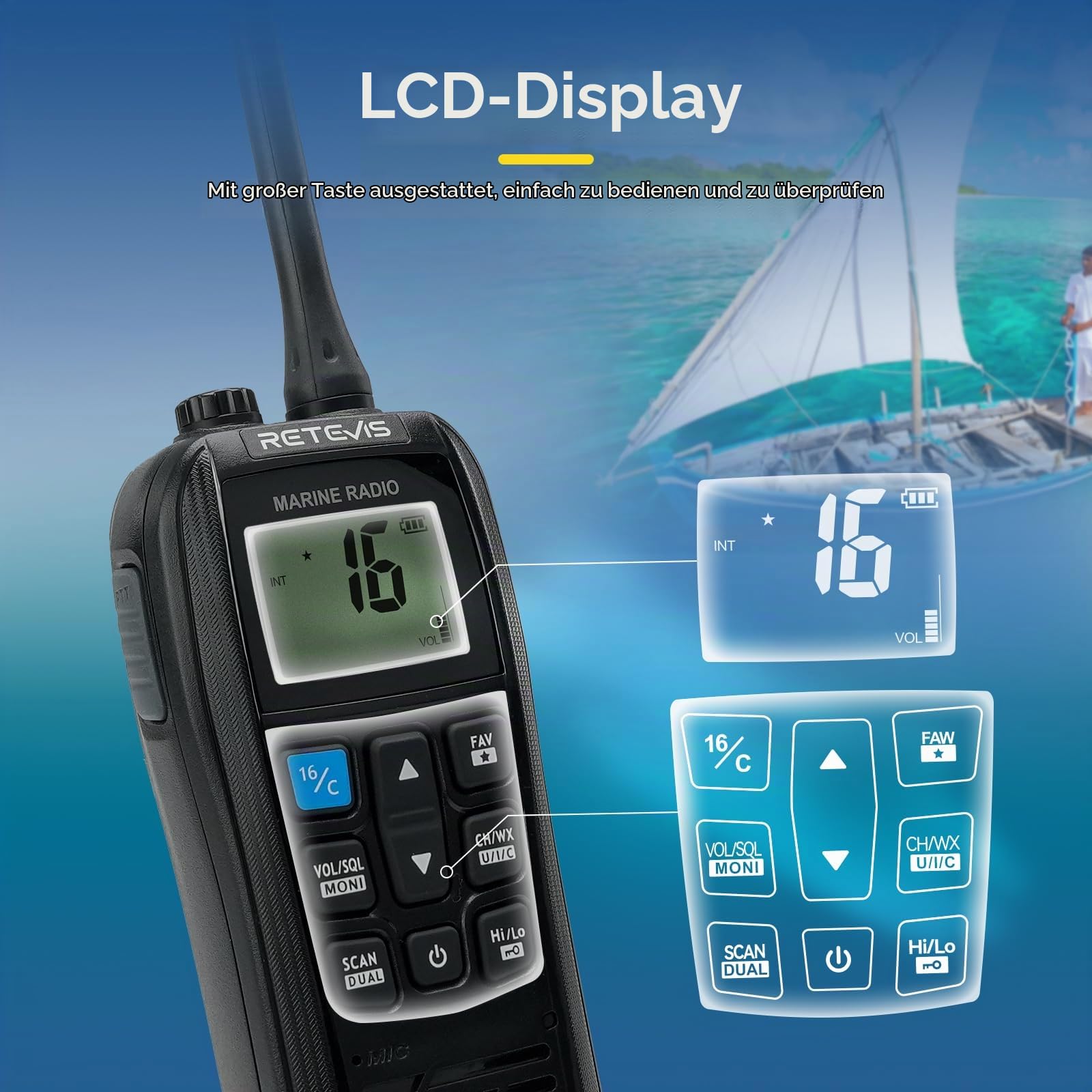 Retevis RM22 Marine Radio, Seefunkgerät mit Großer Reichweite für Angeln | IP67 Wasserdichtes Handfunkgerät, 2200 mAh, 900 mW Audio, Schwimmend Alarmierend für Kajakfahren(1 Stück)