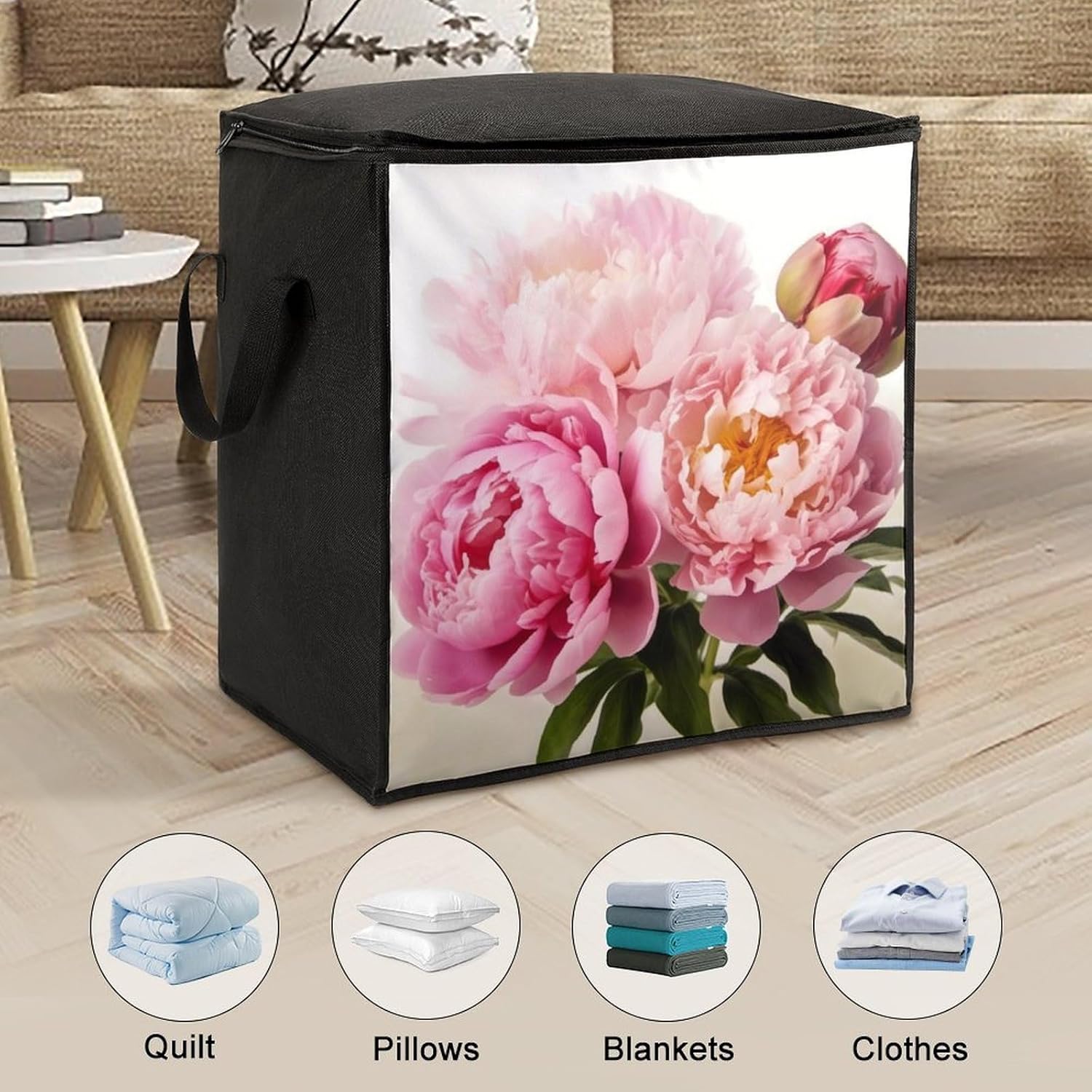 Quilt Storage Bag,Peony Flowers Blossom Printed Large Foldable Storage Container Portable Travel Storage Bag for Blankets, Quilts, Clothes, Comforter, Bedding And Pillows