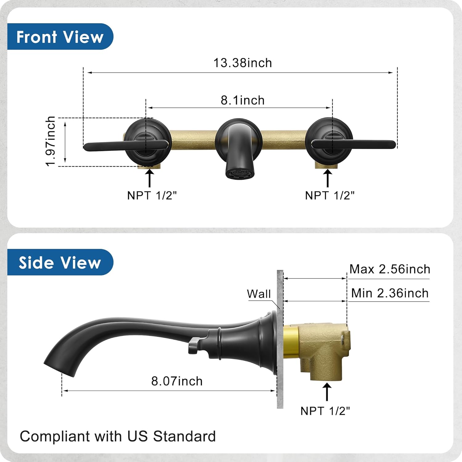 Brass Tub Filler Wall Mount 3 Hole, Black High Pressure 2 Handle Matte Black Bathtub Faucet Set, Brass Vessel Sink Faucet, Single Handle Bathroom Faucet Waterfall 12 Inch Tall Bathroom Faucet