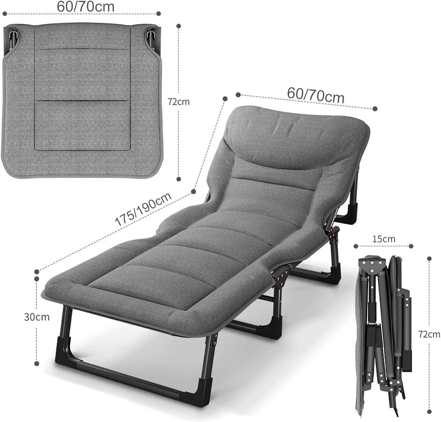 Portable Folding Camping Cot, Adjustable 4-Position Adults Reclining Folding Chaise with Pillow, Outdoor Portable Folding Lounge Chair Sleeping Cots Bed for Camp,Home,Office(175x60cm)