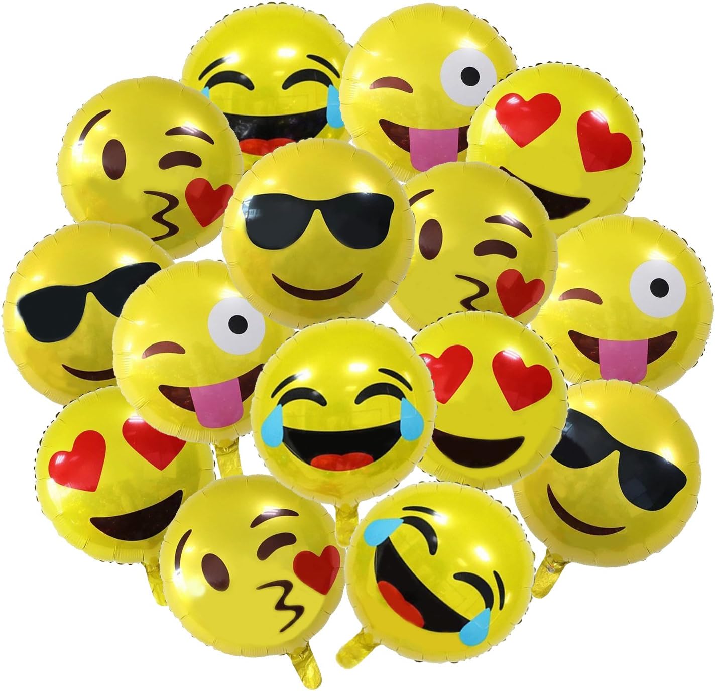 15-Pack 18" Emoticon Party Supplies Favor Balloons, 18 inch Smiley Face Foil Mylar Balloon, Yellow Reusable Helium Balloon for Holiday Wedding Birthday Decorations Teens Girls Children Kids Gift