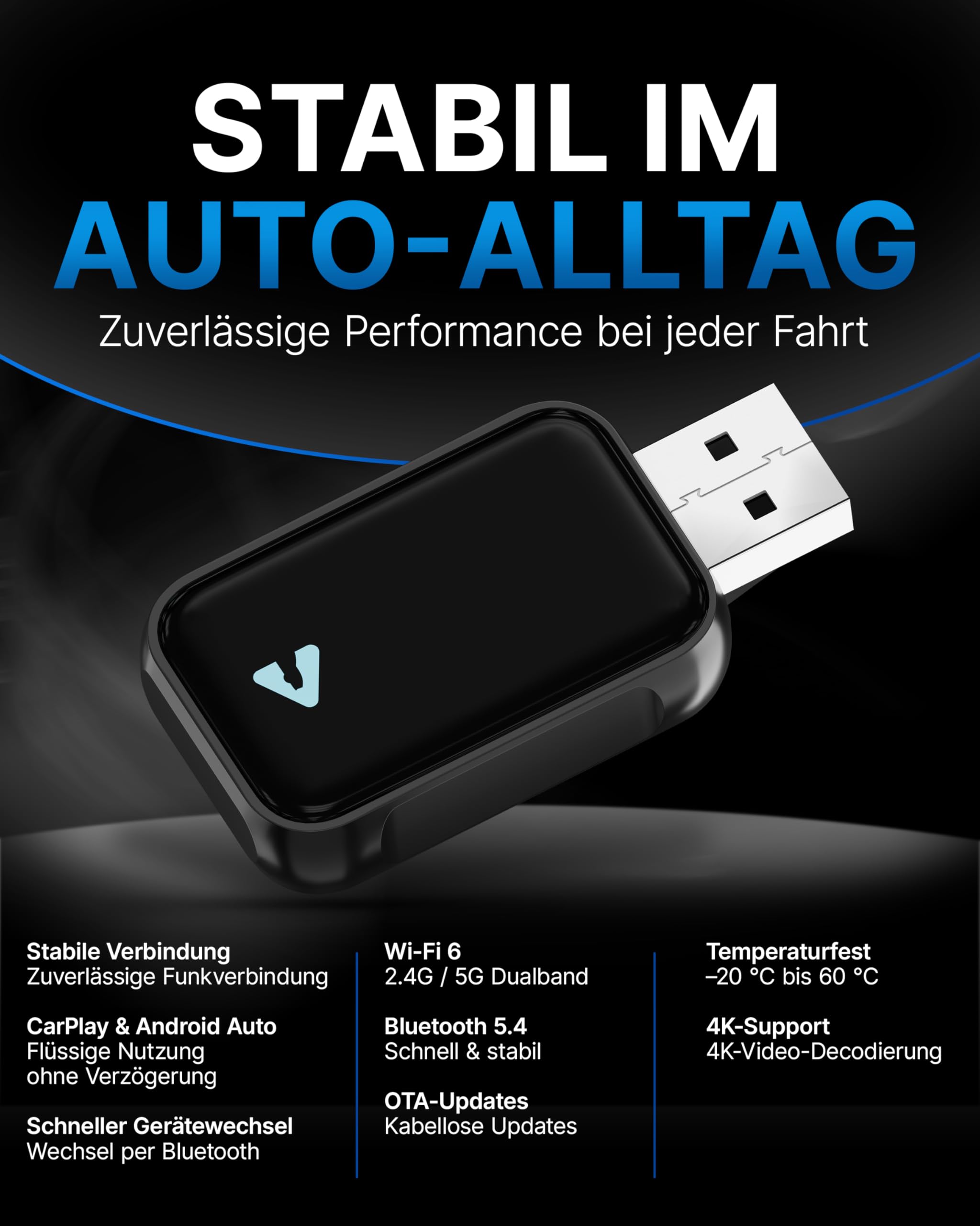Carplay Wireless Adapter & Android Wireless Adapter fürs Auto – USB-A Plug & Play Nachrüstadapter, Upgrade auf kabelloses Apple CarPlay & Android Auto (Black)