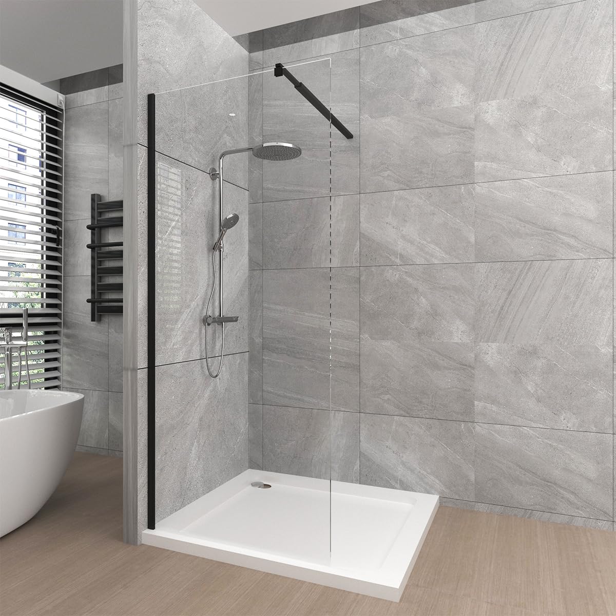 T&K 800x1900mm Walk in Shower Enclosure Wetroom Shower Screen Panel Matte Black Framed, 8mm Tougheded Glass Safety Double-Sided Easy Clean Glass with Telescopic Support Bar