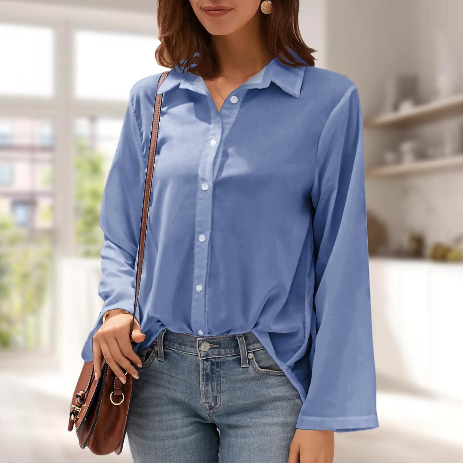 Womens Button Down Shirt Long Sleeve Collared Blouse Professional Office Work Elegant Formal Top - Image 2