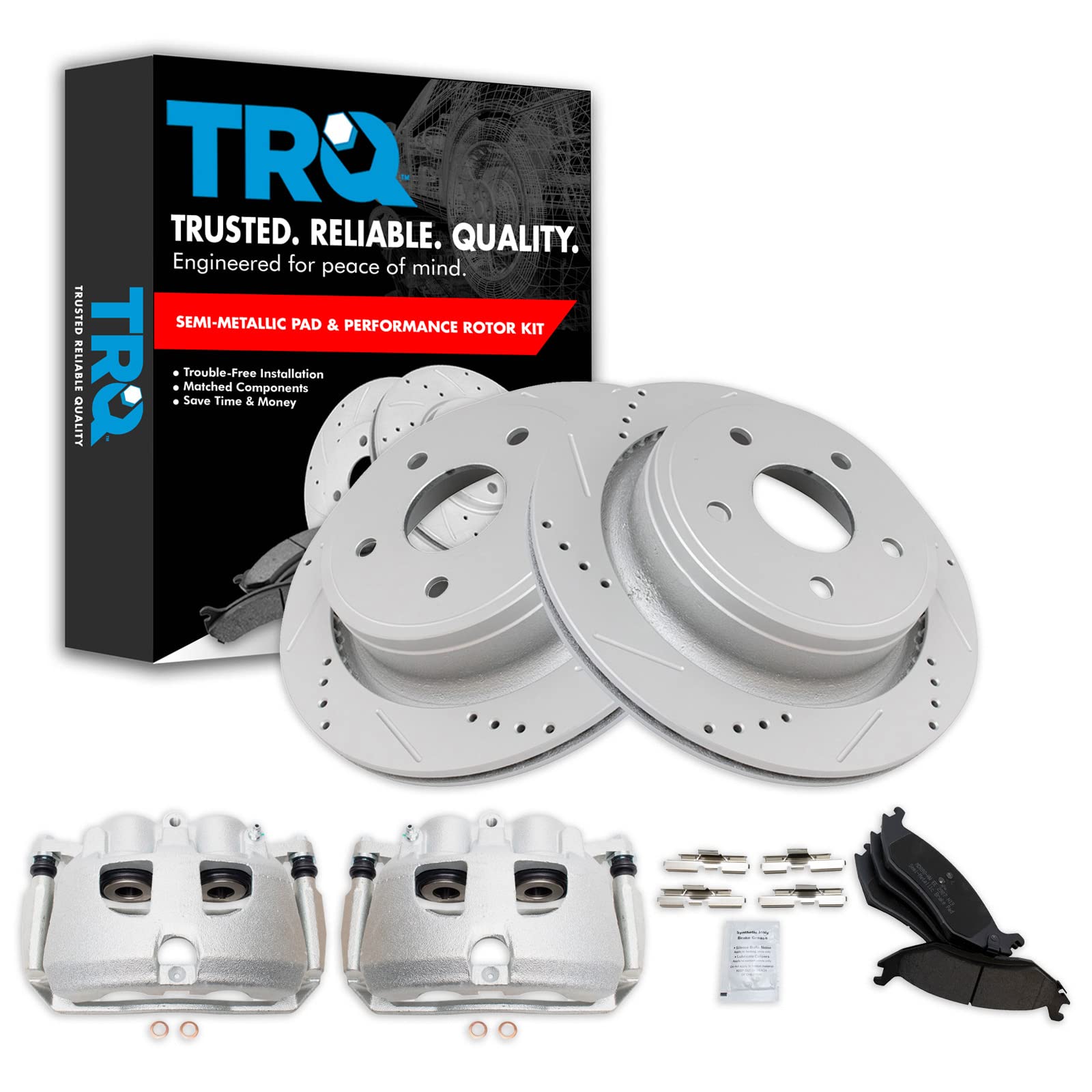 TRQ Rear Performance Brake Pad, Caliper, &amp; Rotor Kit Semi-Metallic Vented Premium G-Coated Compatible with 2012 Ram 1500