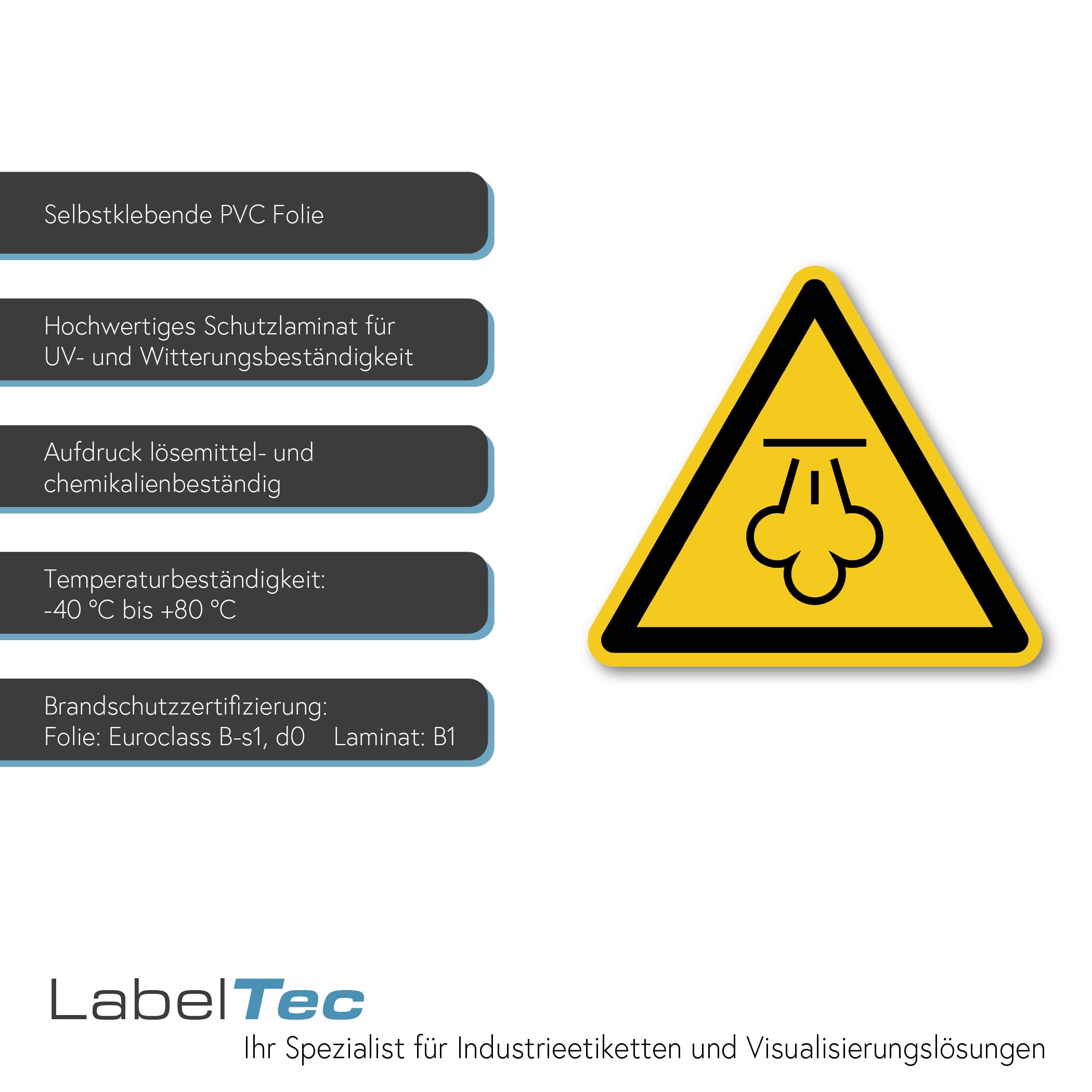 Señal de advertencia de vapor caliente según DIN EN ISO 7010 ASR A1.3 W080 símbolo de advertencia – Adhesivo de advertencia para superficies calientes, línea de vapor, industrial, maquinaria